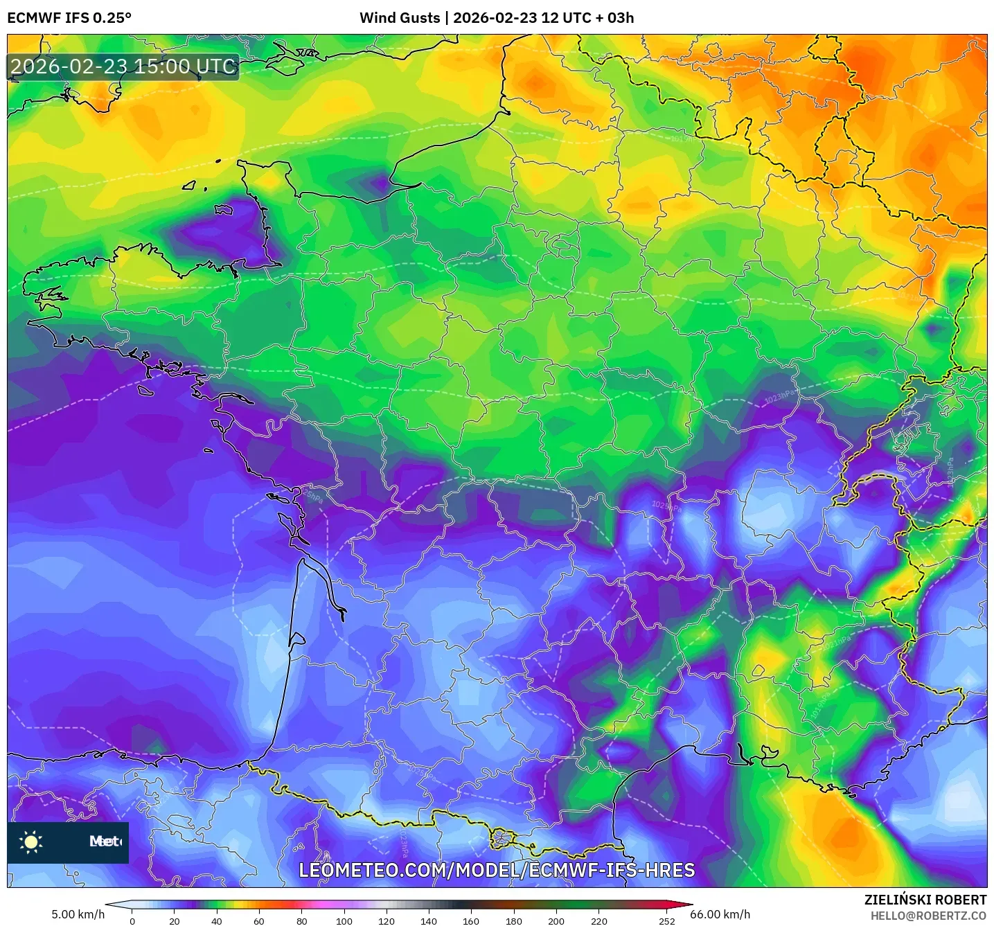 ECMWF IFS 0.25° model - France, Wind Gusts