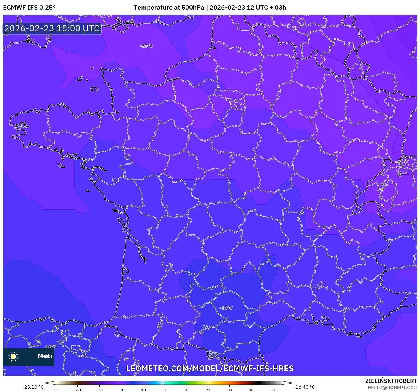ECMWF IFS 0.25° model - France, Temperature at 500hPa