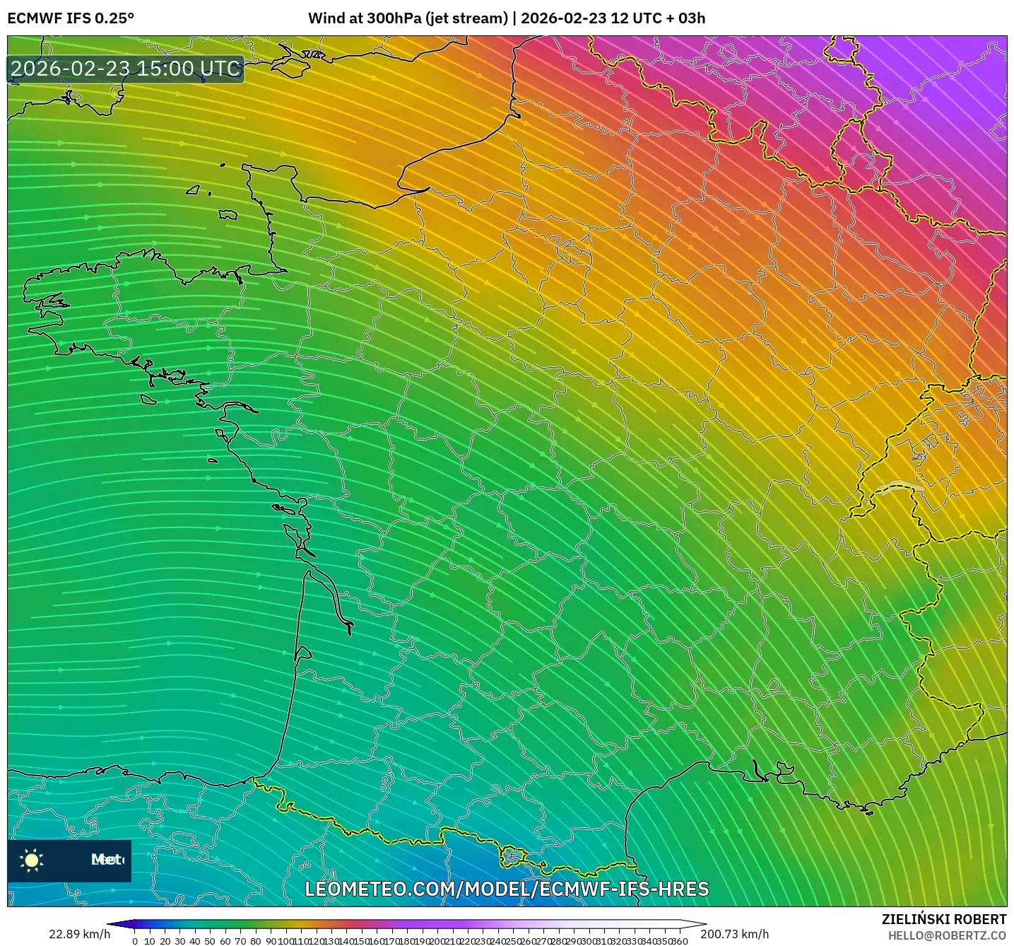 ECMWF IFS 0.25° model - France, Wind at 300hPa (jet stream)