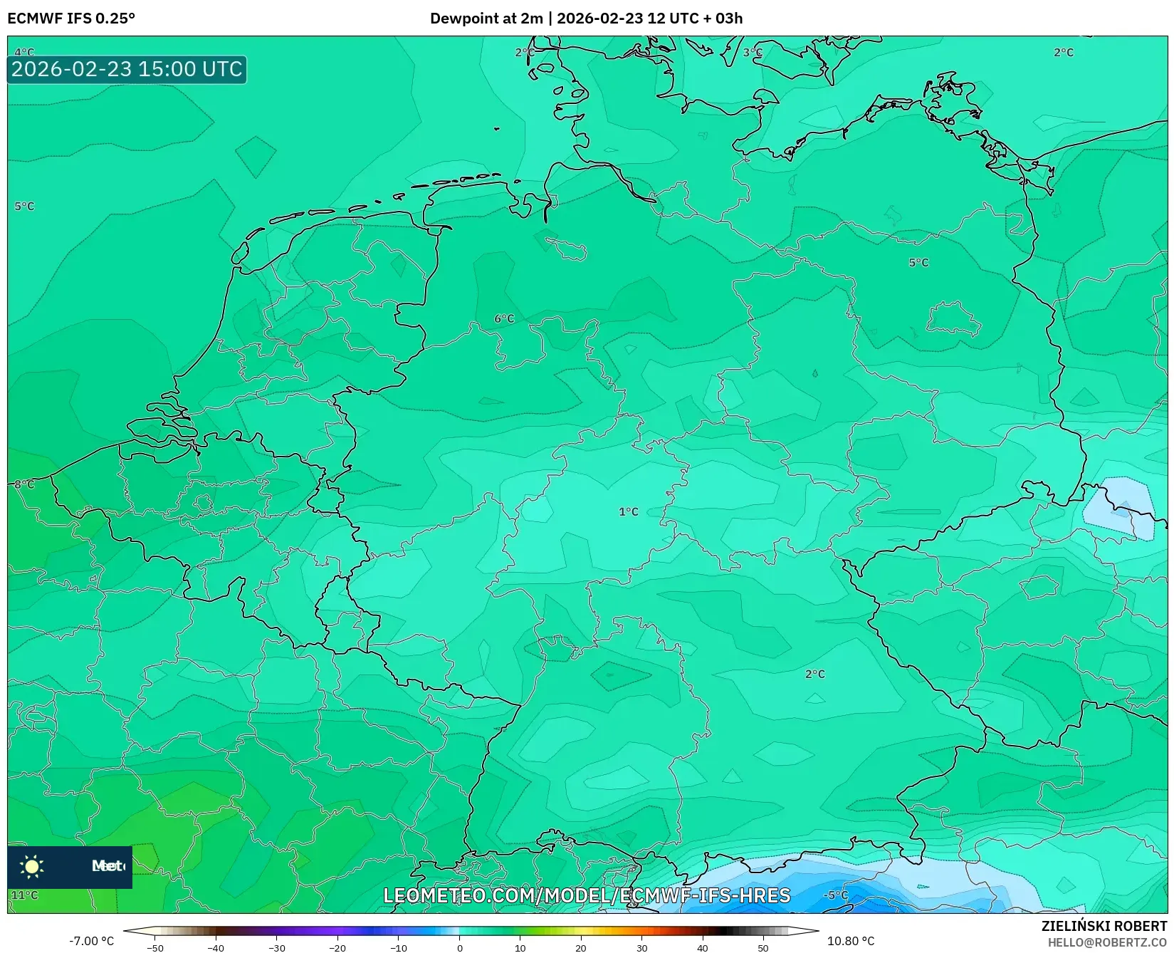 ECMWF IFS 0.25° model - Germany, Dewpoint at 2m