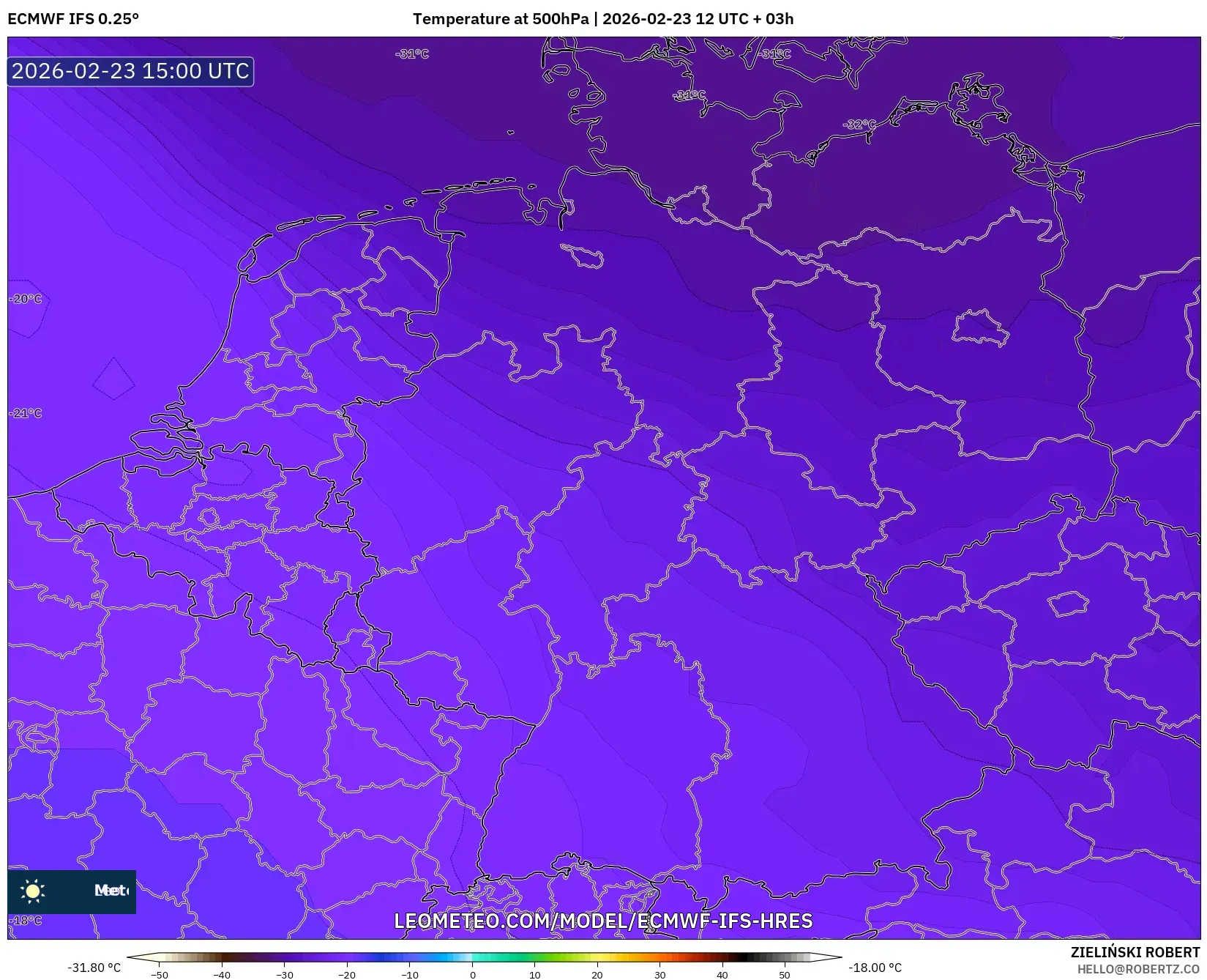 ECMWF IFS 0.25° model - Germany, Temperature at 500hPa