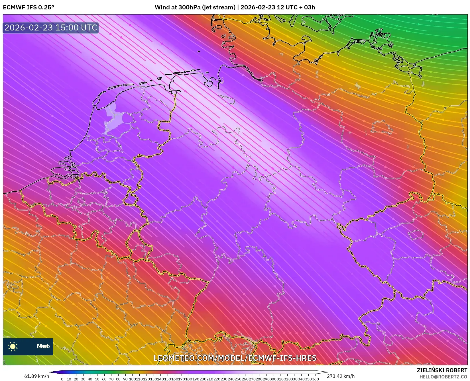 ECMWF IFS 0.25° model - Germany, Wind at 300hPa (jet stream)
