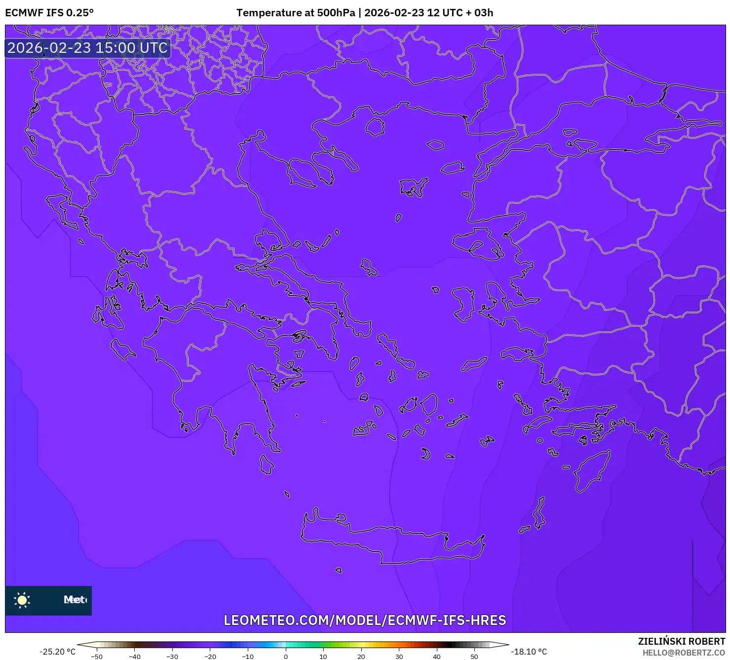 ECMWF IFS 0.25° model - Greece, Temperature at 500hPa