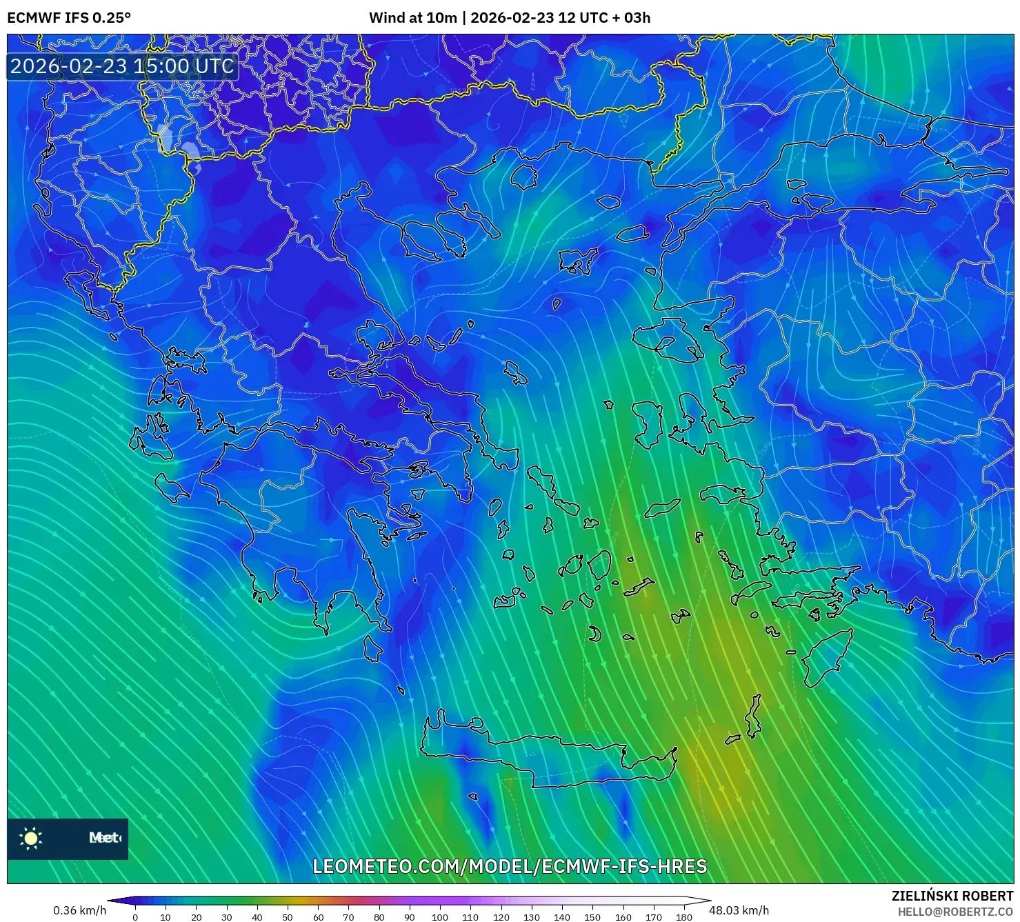 ECMWF IFS 0.25° model - Greece, Wind at 10m