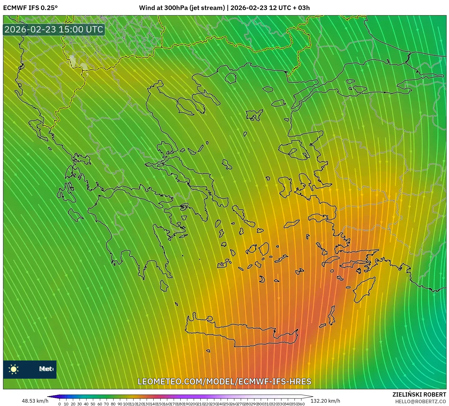ECMWF IFS 0.25° model - Greece, Wind at 300hPa (jet stream)
