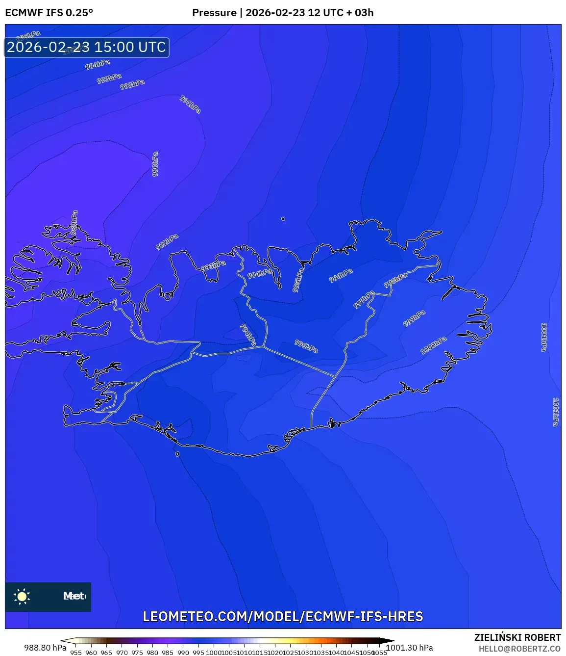 ECMWF IFS 0.25° model - Iceland, Pressure