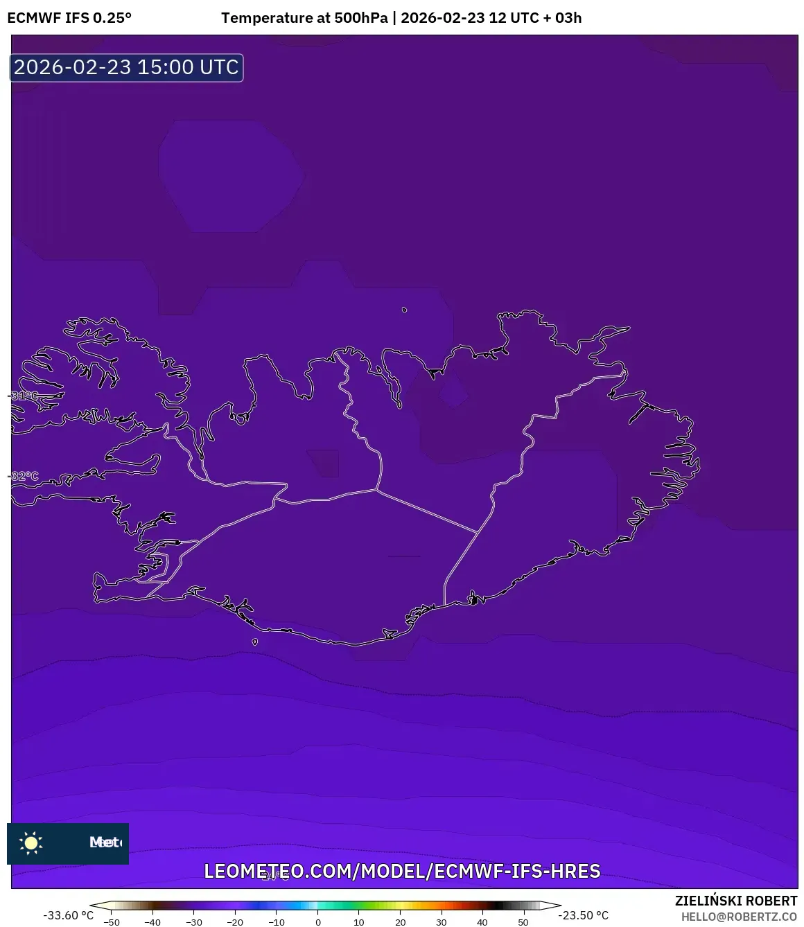ECMWF IFS 0.25° model - Iceland, Temperature at 500hPa