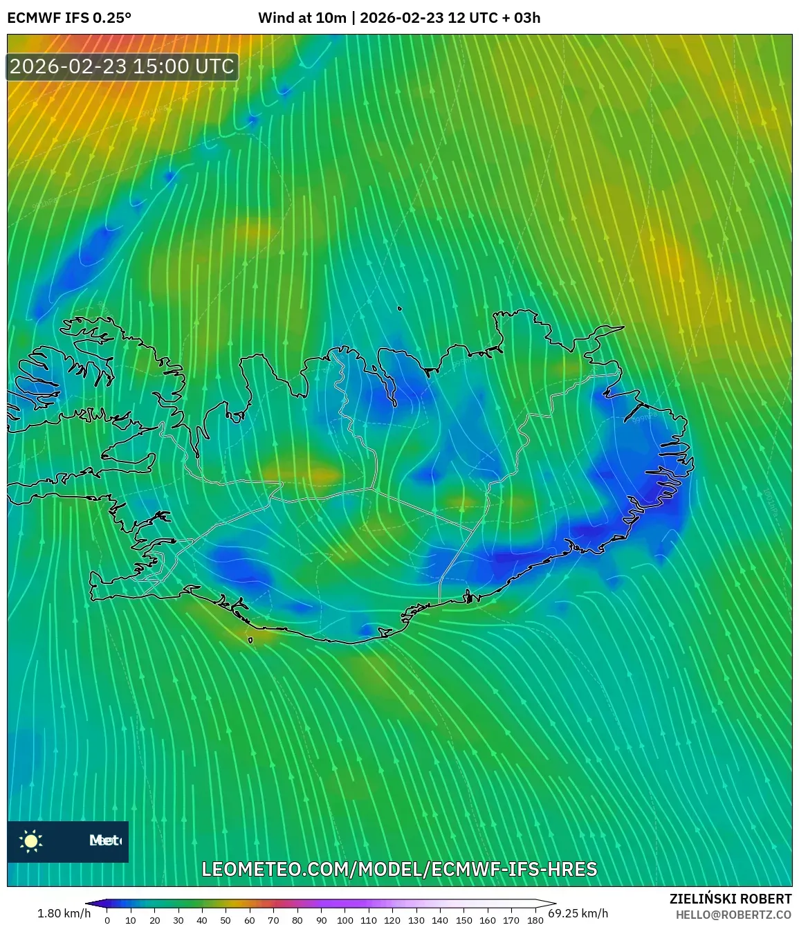ECMWF IFS 0.25° model - Iceland, Wind at 10m