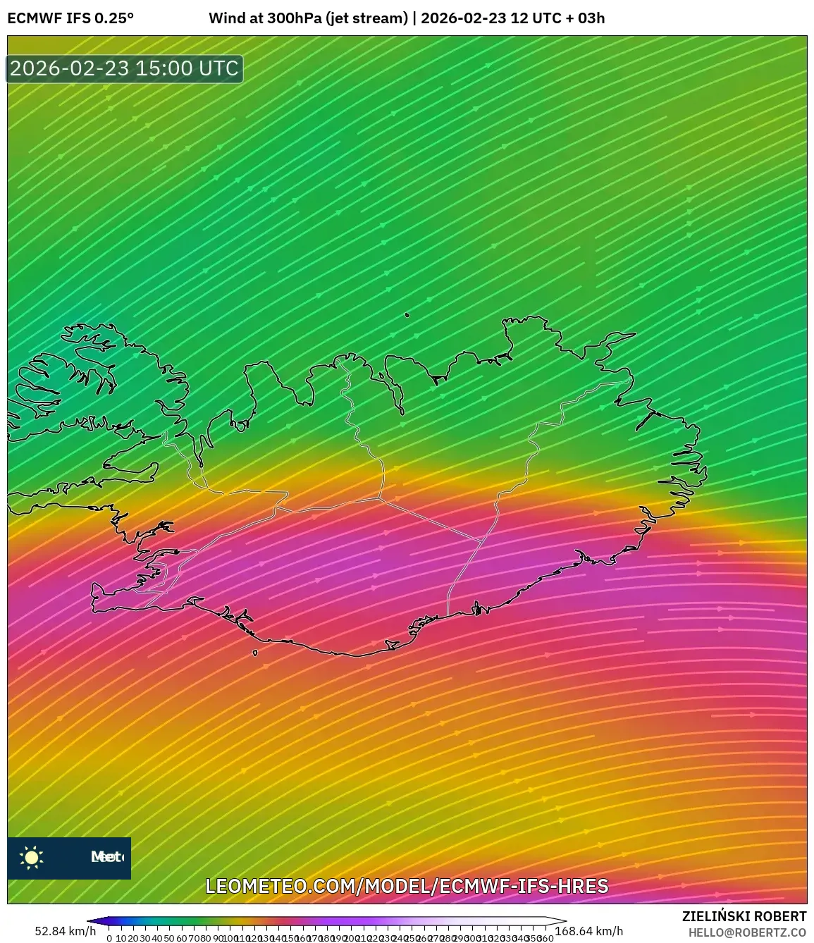 ECMWF IFS 0.25° model - Iceland, Wind at 300hPa (jet stream)