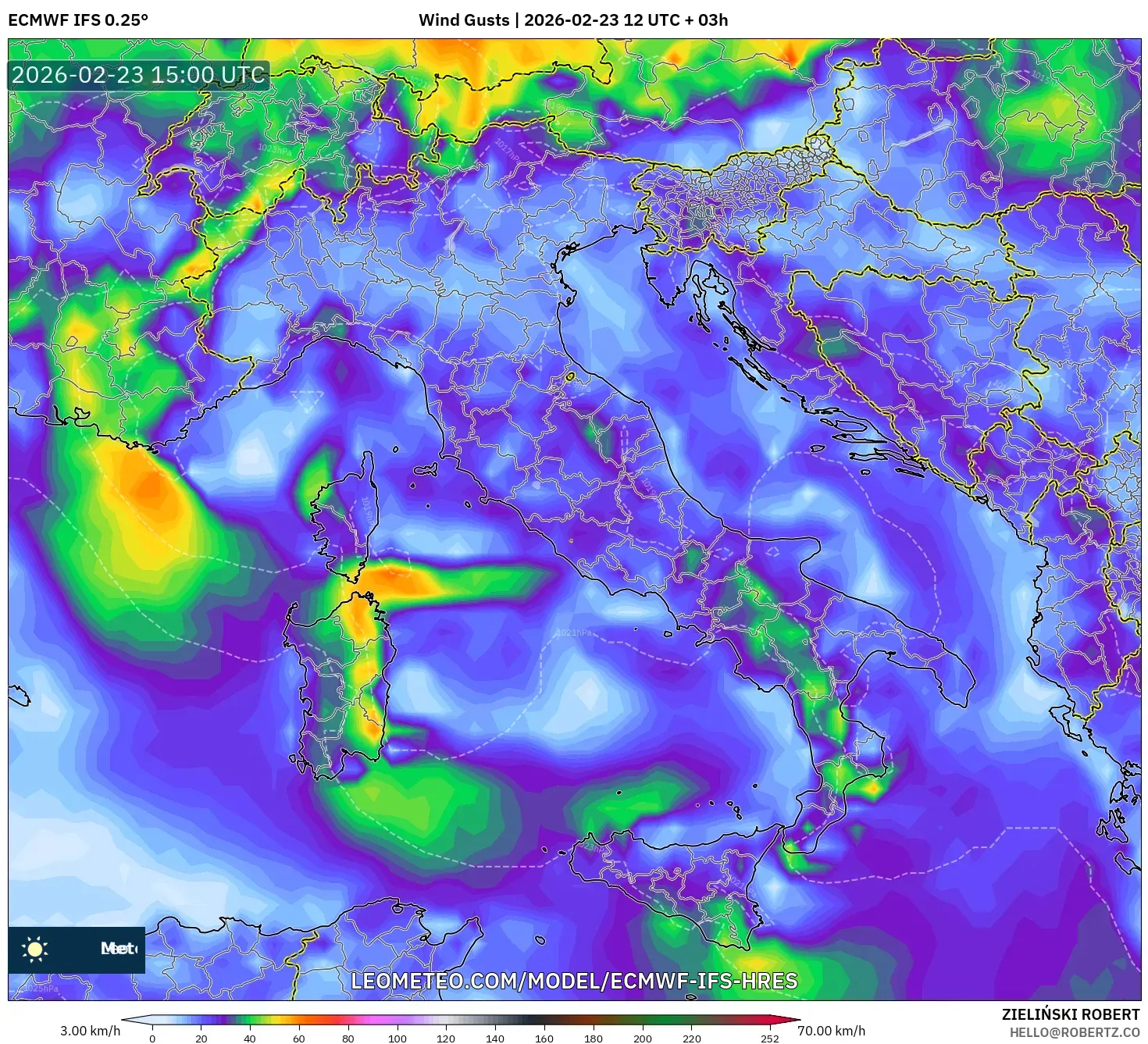 ECMWF IFS 0.25° model - Italy, Wind Gusts