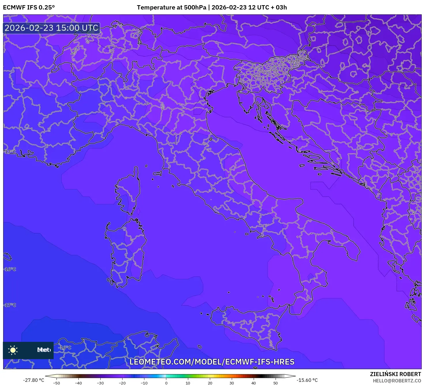 ECMWF IFS 0.25° model - Italy, Temperature at 500hPa