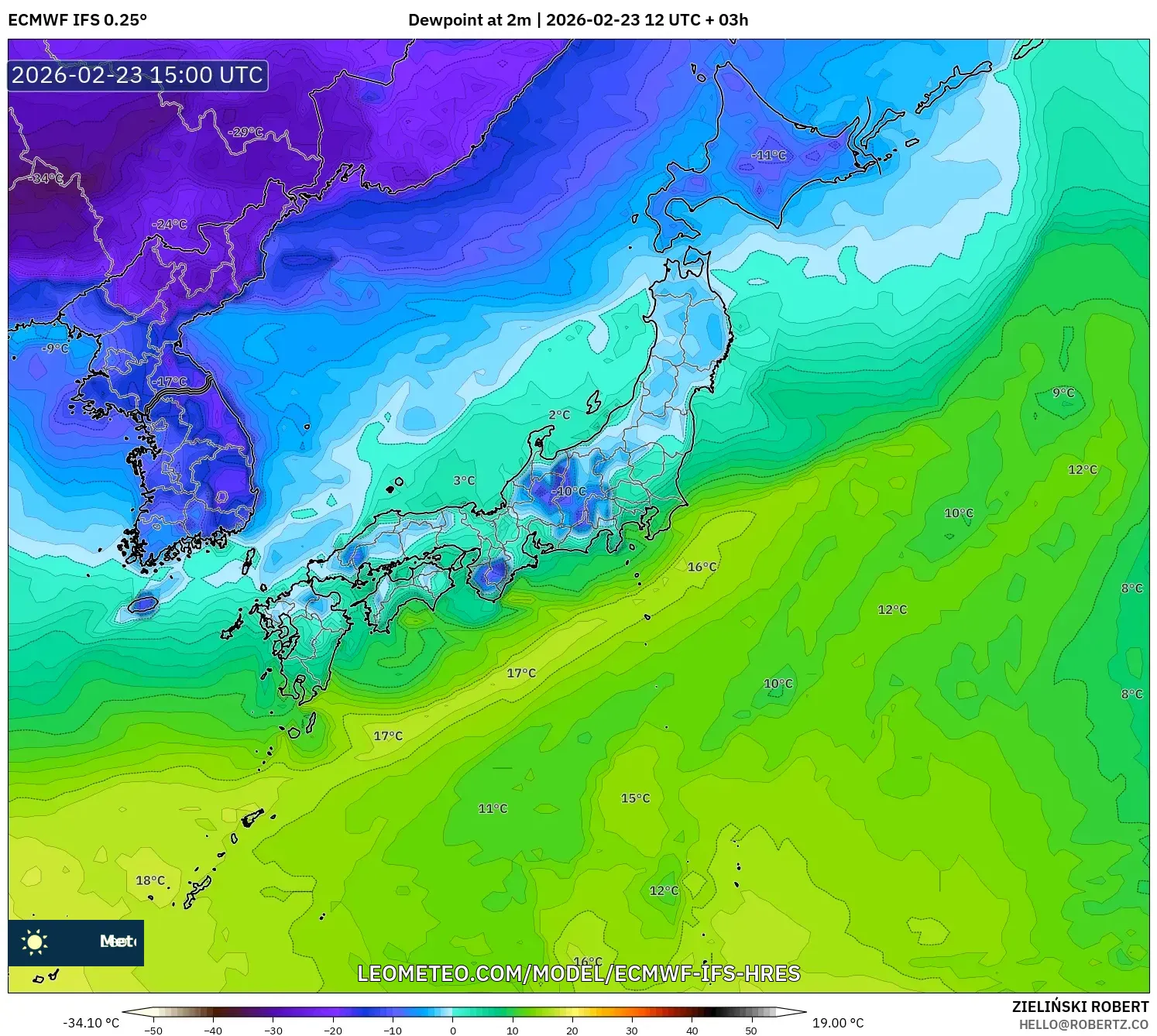 ECMWF IFS 0.25° model - Japan, Dewpoint at 2m