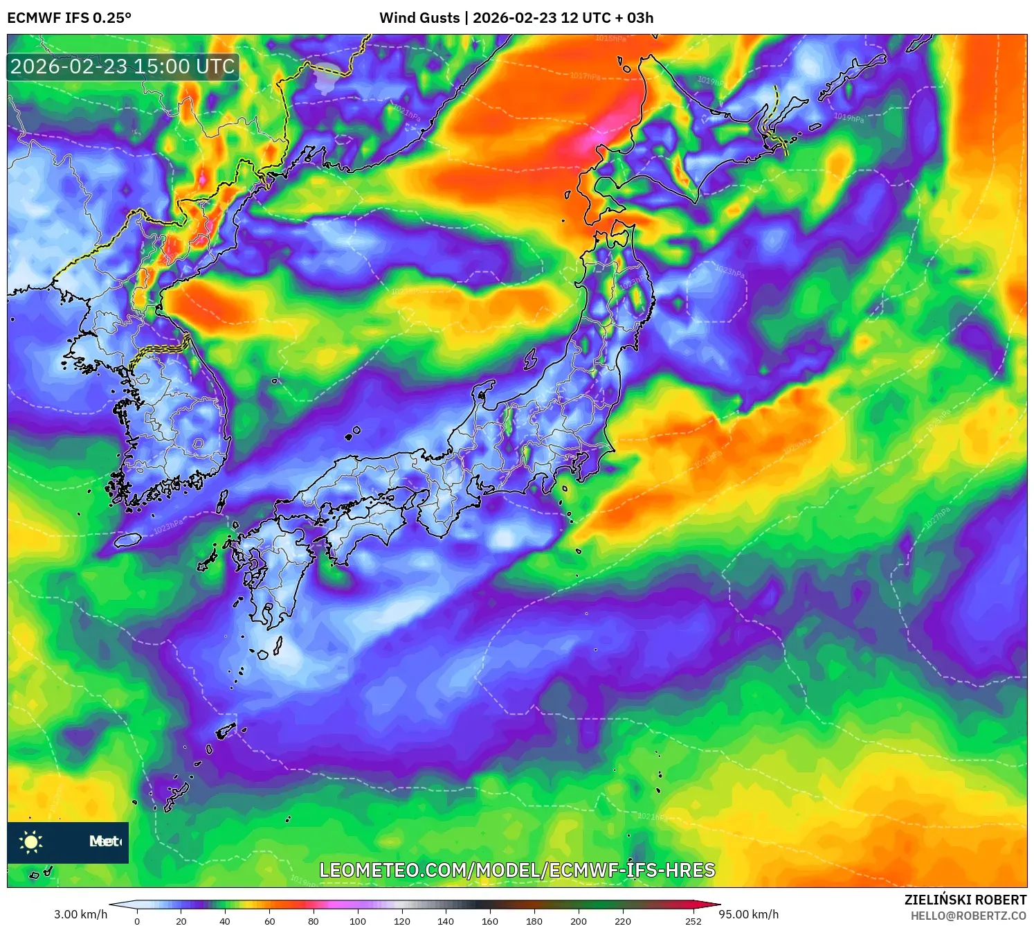 ECMWF IFS 0.25° model - Japan, Wind Gusts