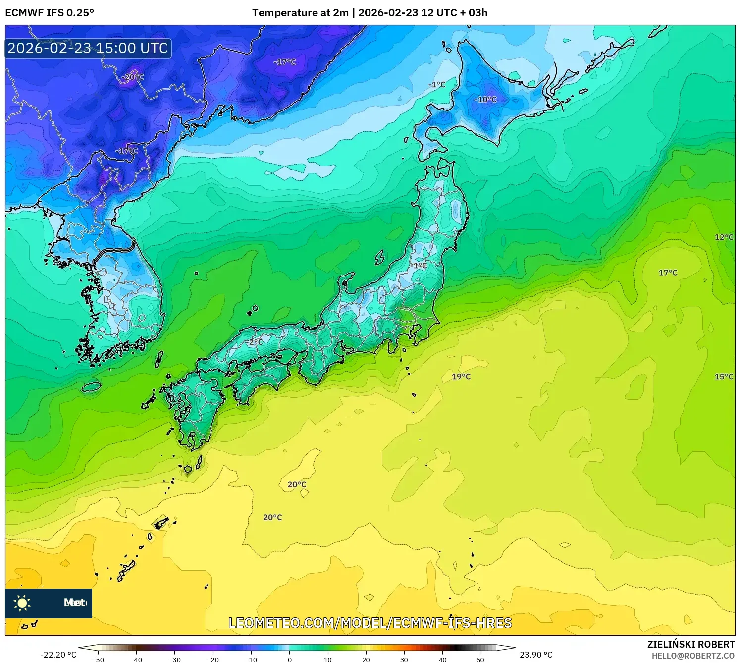 ECMWF IFS 0.25° model - Japan, Temperature at 2m