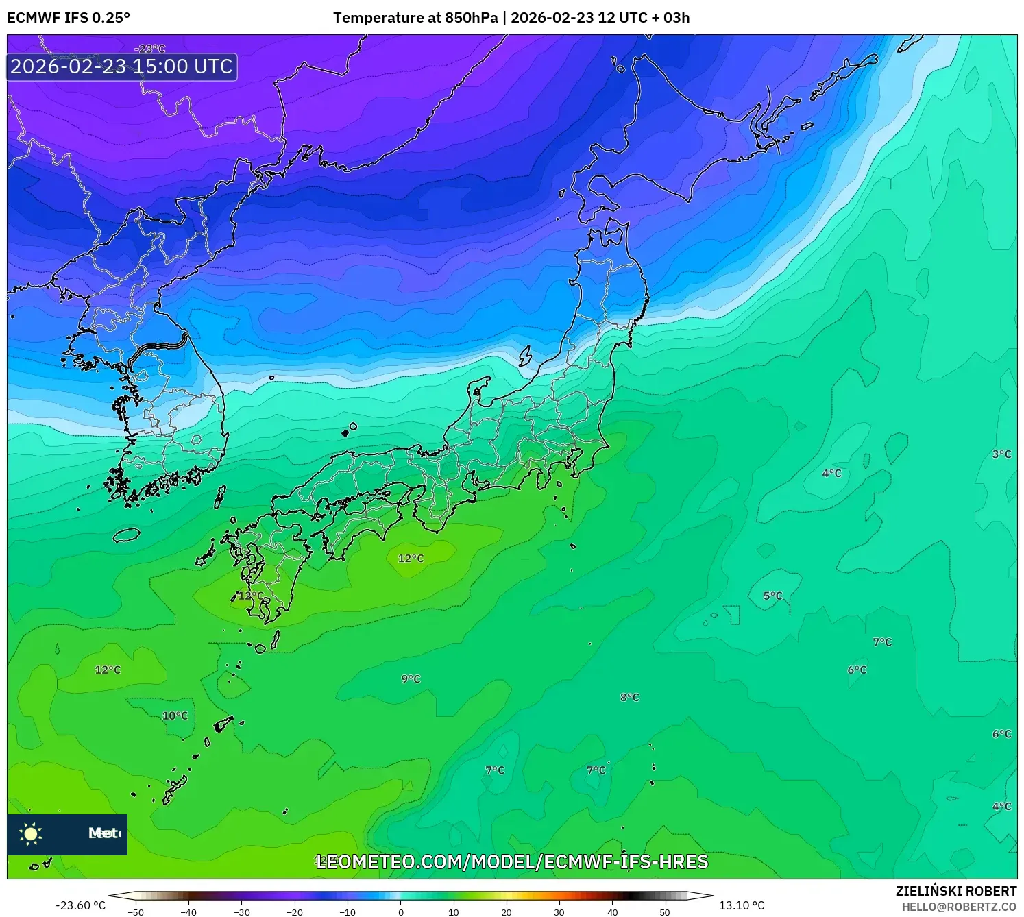 ECMWF IFS 0.25° model - Japan, Temperature at 850hPa