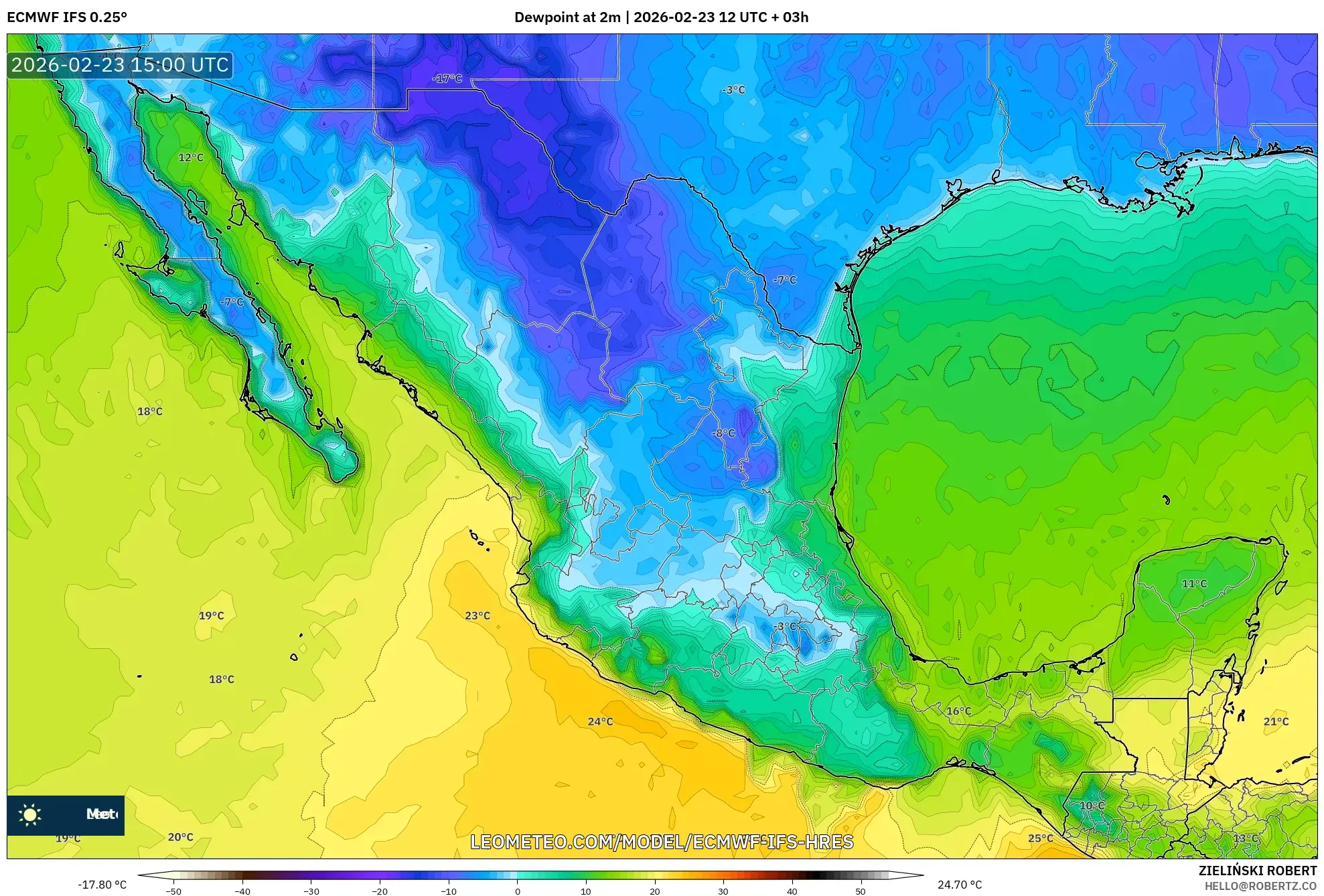 ECMWF IFS 0.25° model - Mexico, Dewpoint at 2m
