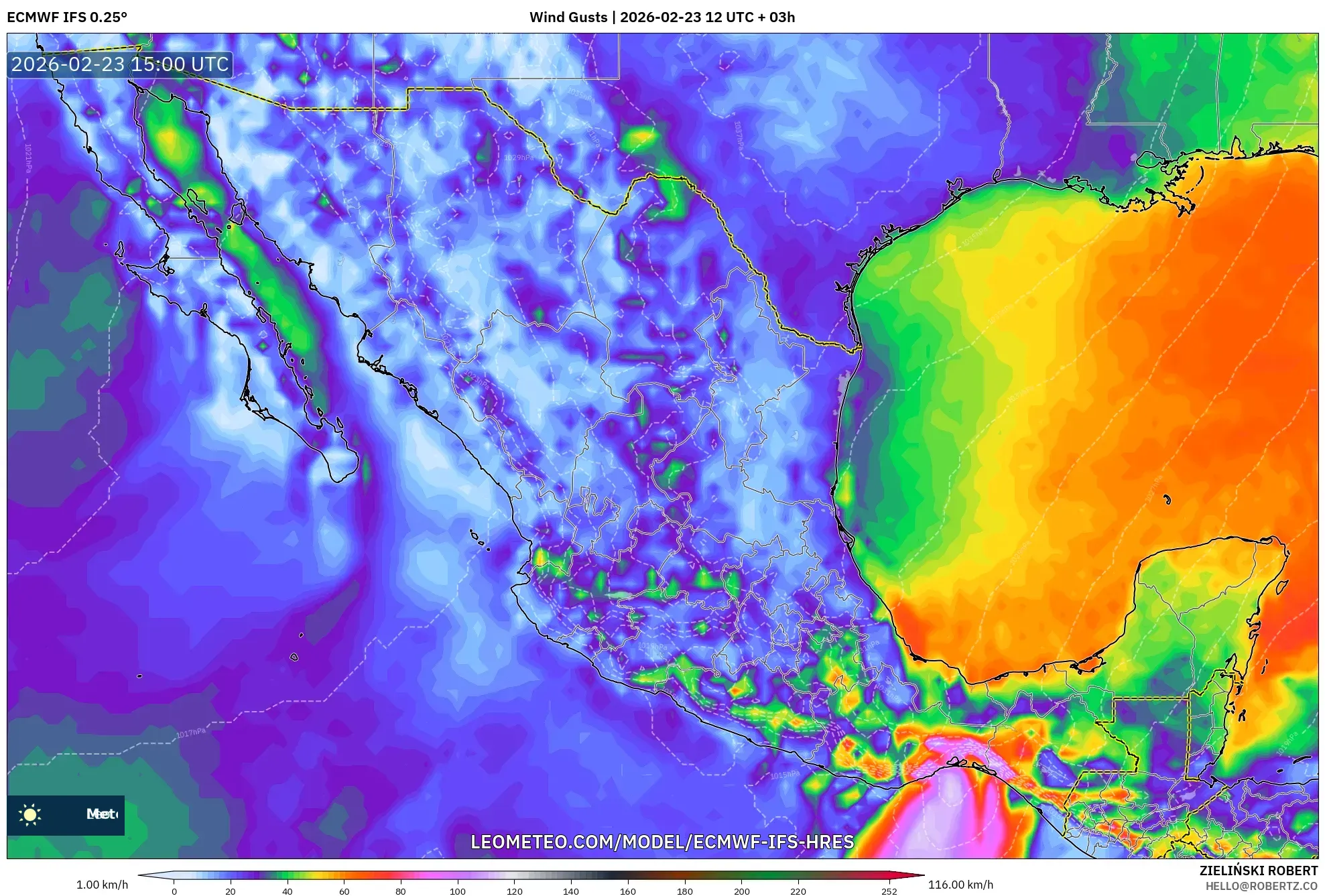 ECMWF IFS 0.25° model - Mexico, Wind Gusts