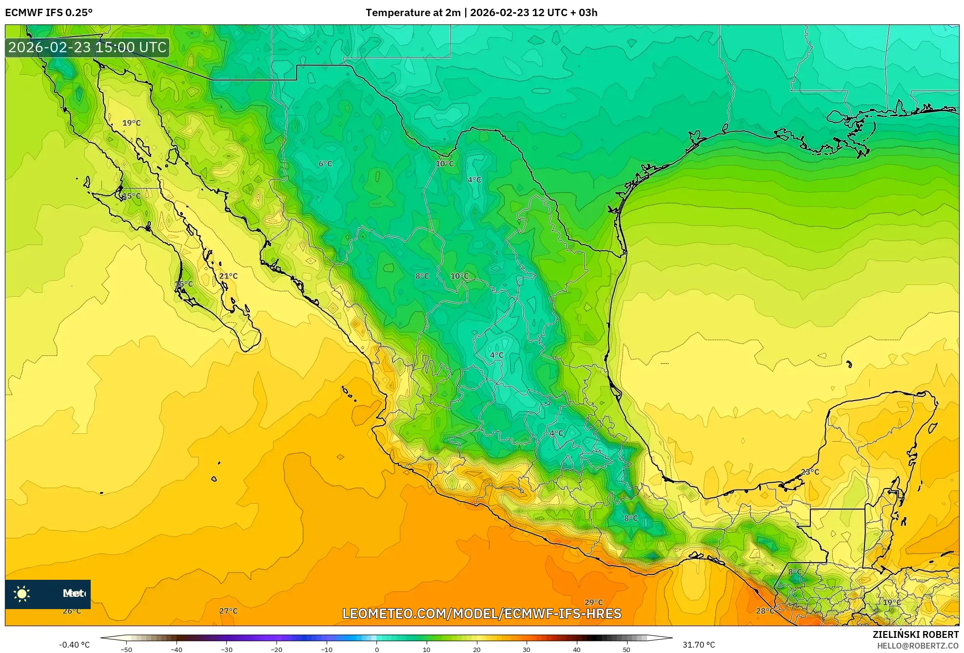 ECMWF IFS 0.25° model - Mexico, Temperature at 2m