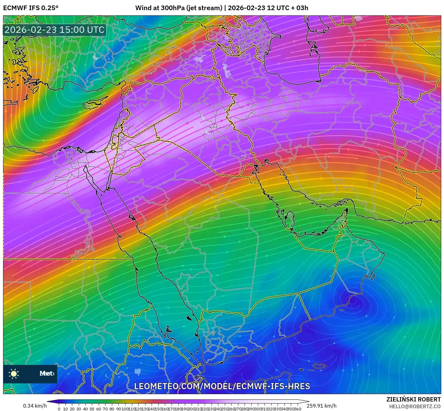 ECMWF IFS 0.25° model - Middle East, Wind at 300hPa (jet stream)