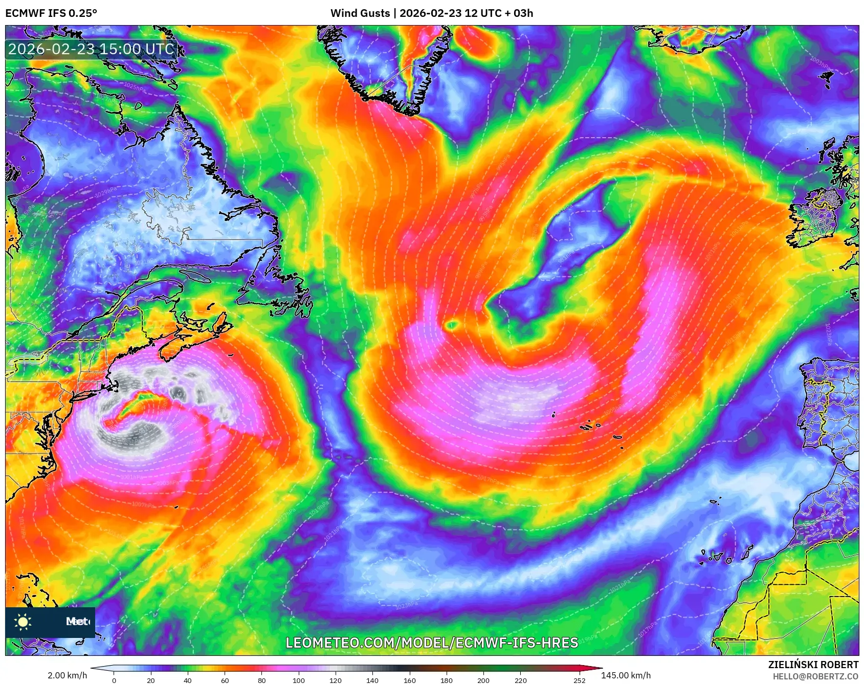 ECMWF IFS 0.25° model - North Atlantic, Wind Gusts