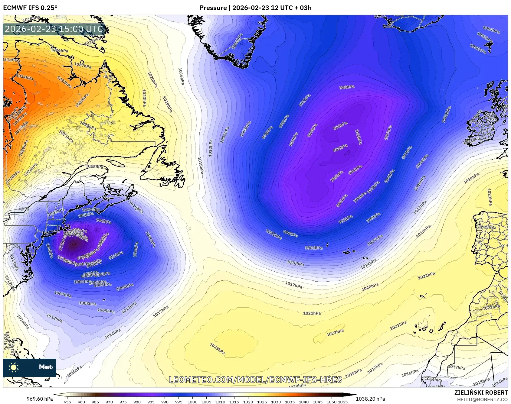 ECMWF IFS 0.25° model - North Atlantic, Pressure
