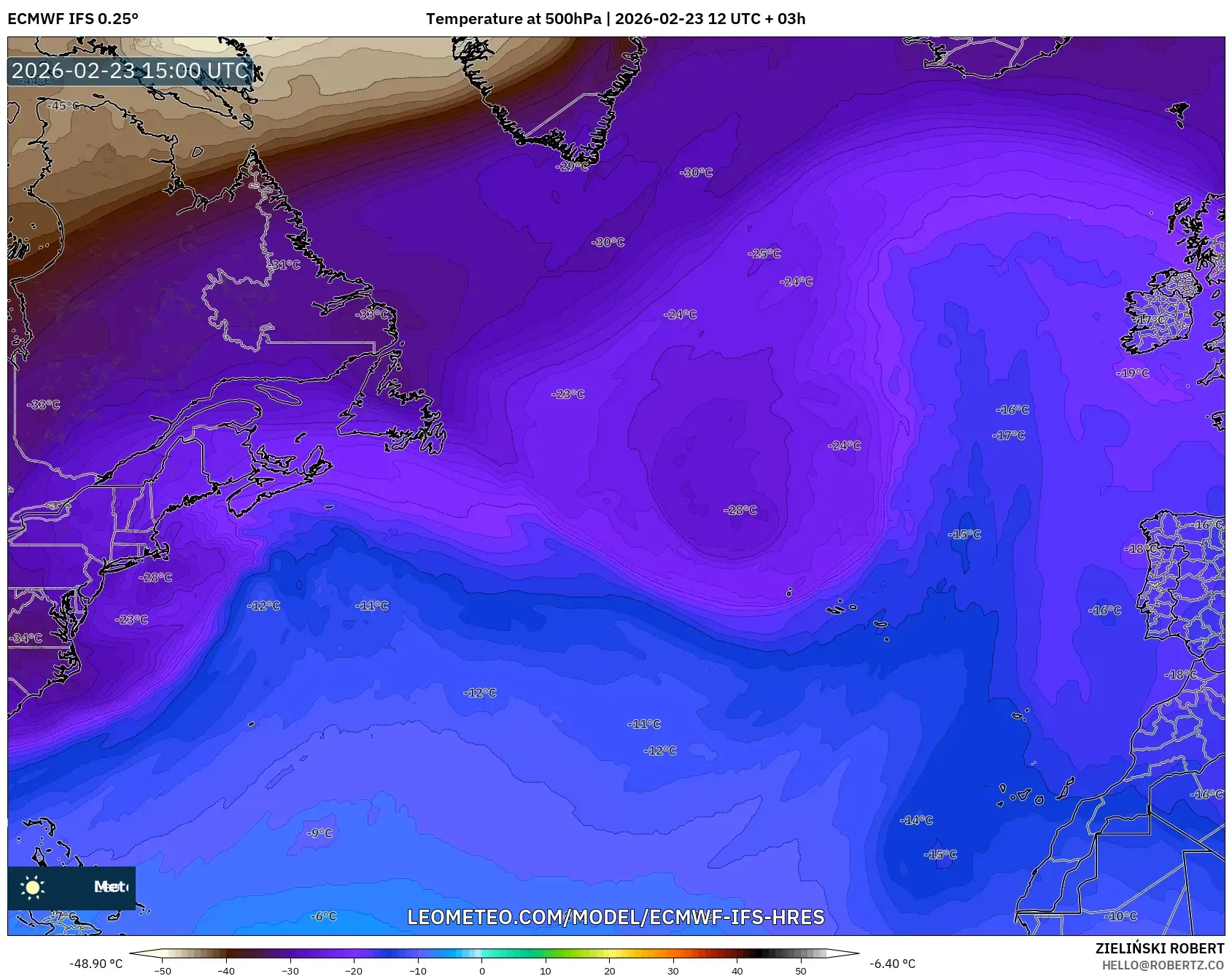 ECMWF IFS 0.25° model - North Atlantic, Temperature at 500hPa