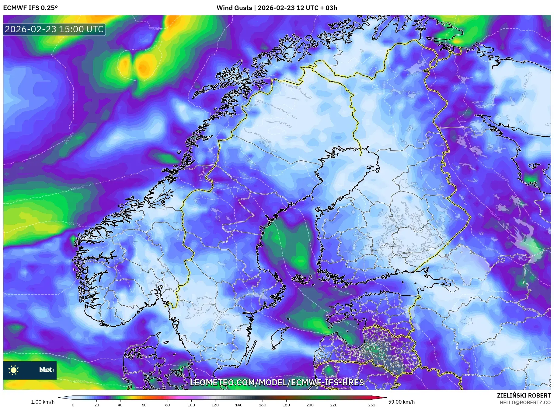 ECMWF IFS 0.25° model - Scandinavia, Wind Gusts