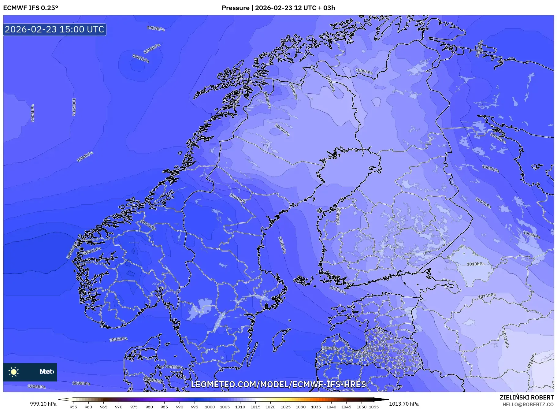 ECMWF IFS 0.25° model - Scandinavia, Pressure