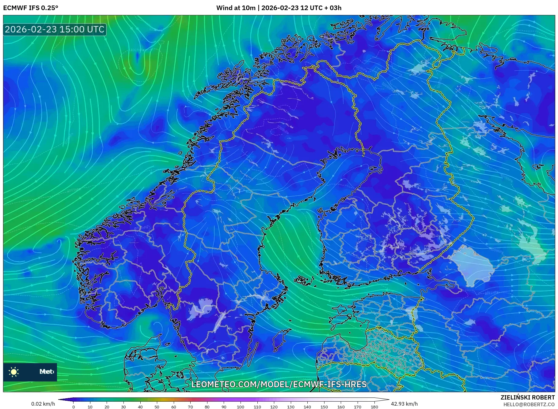 ECMWF IFS 0.25° model - Scandinavia, Wind at 10m