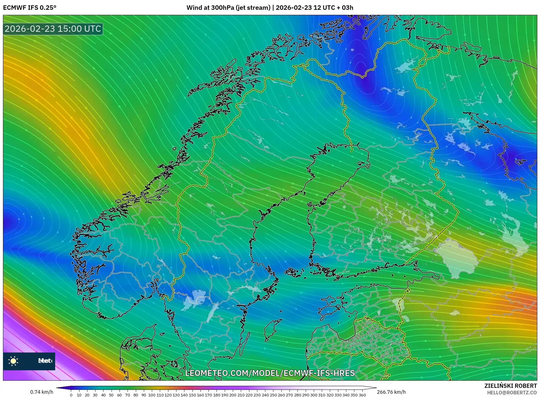 ECMWF IFS 0.25° model - Scandinavia, Wind at 300hPa (jet stream)