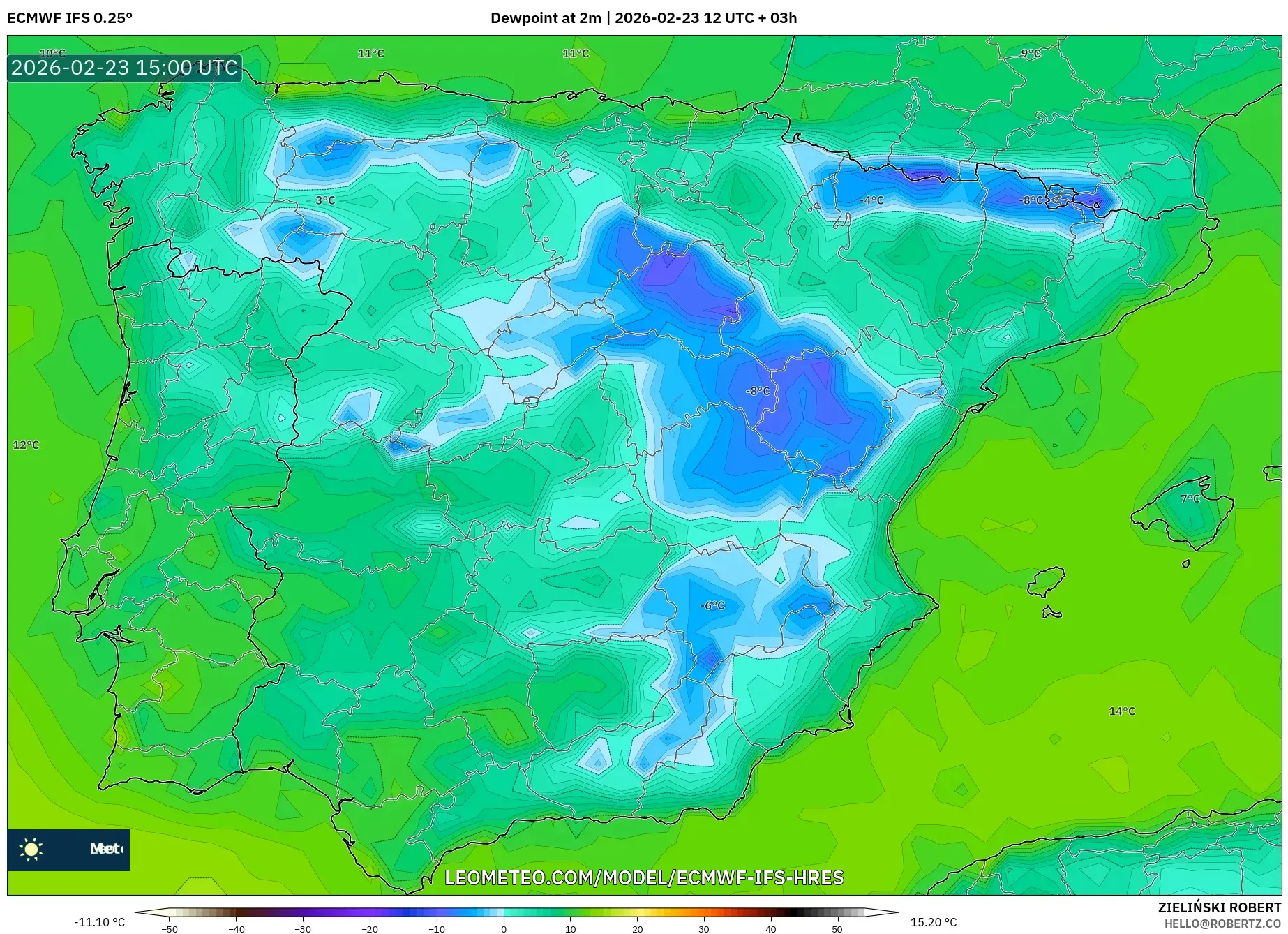 ECMWF IFS 0.25° model - Spain, Dewpoint at 2m