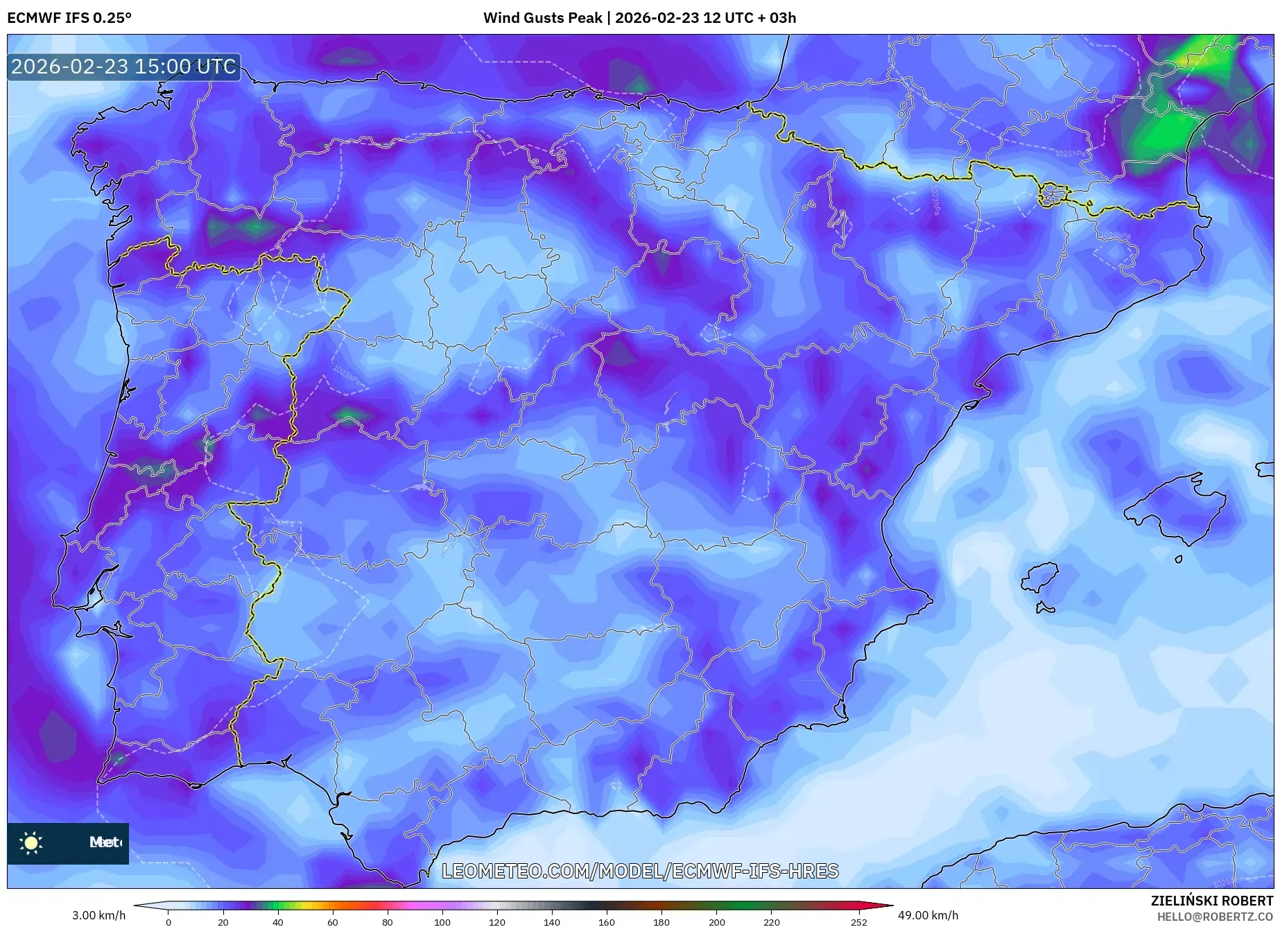 ECMWF IFS 0.25° model - Spain, Wind Gusts Peak