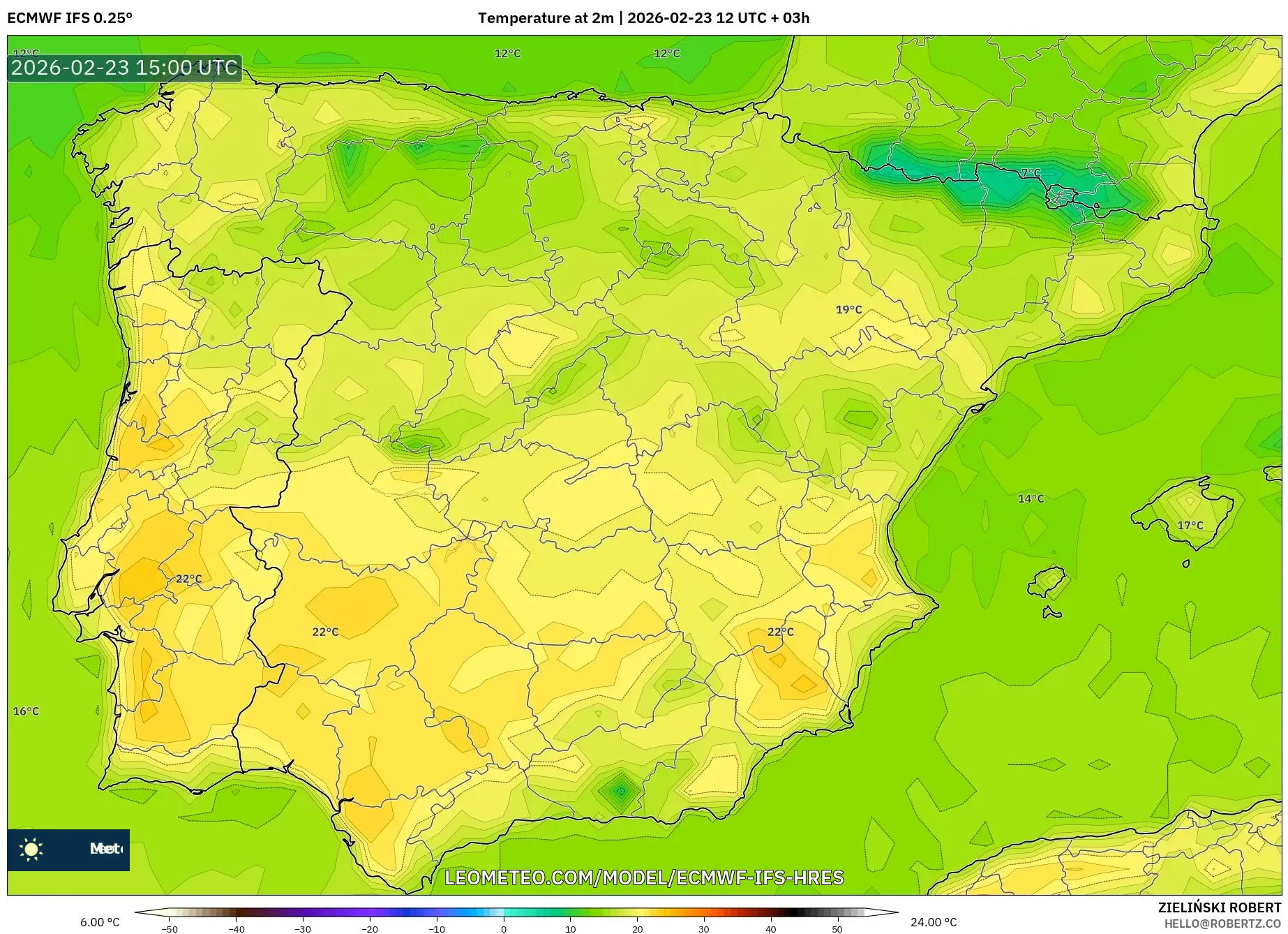 ECMWF IFS 0.25° model - Spain, Temperature at 2m