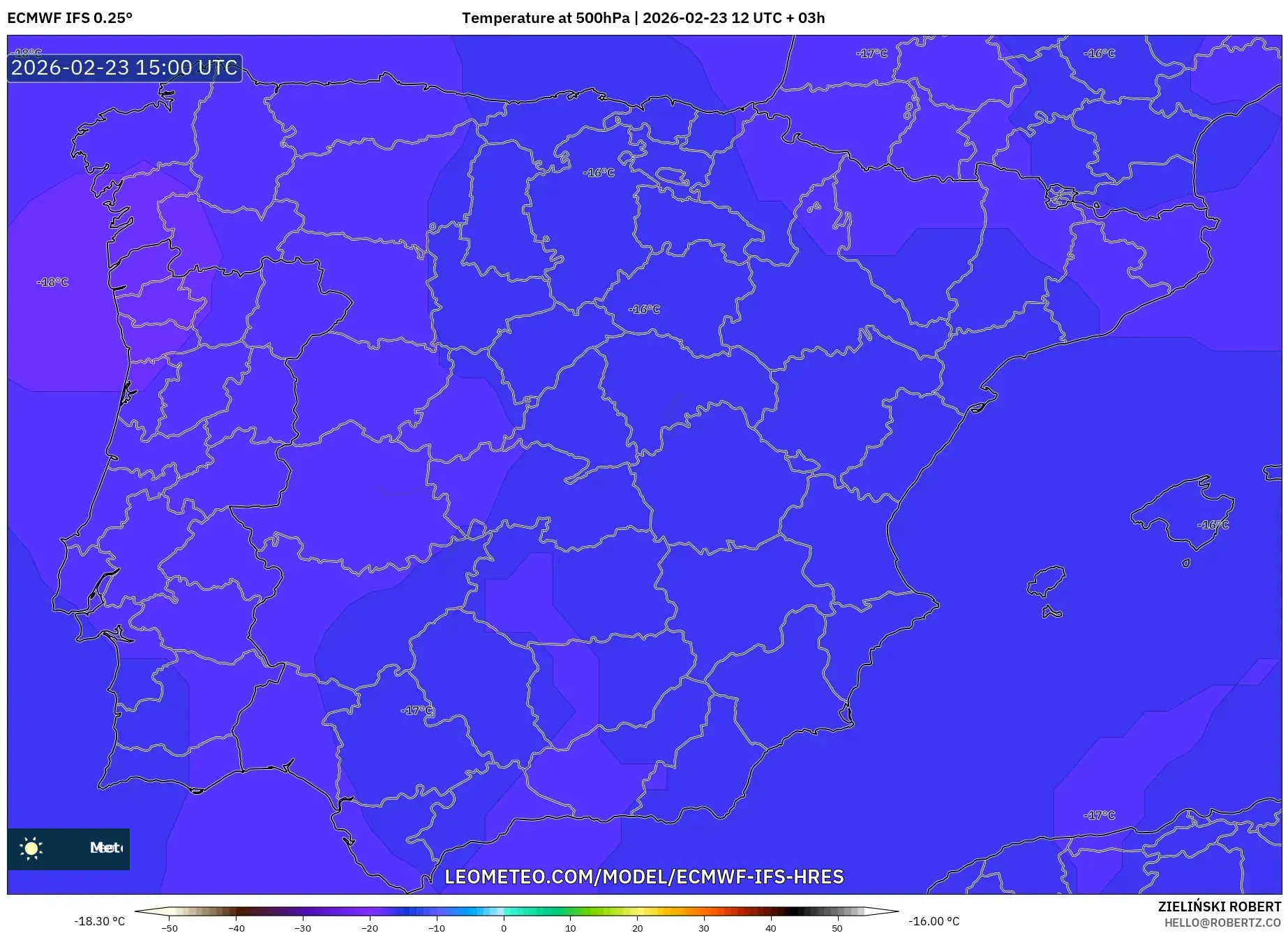 ECMWF IFS 0.25° model - Spain, Temperature at 500hPa