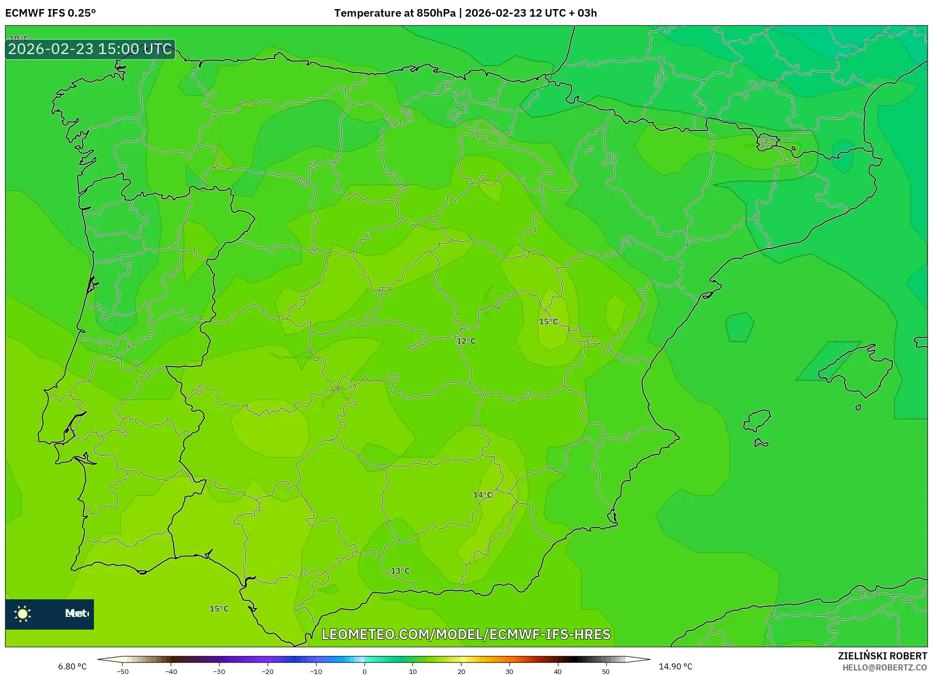 ECMWF IFS 0.25° model - Spain, Temperature at 850hPa
