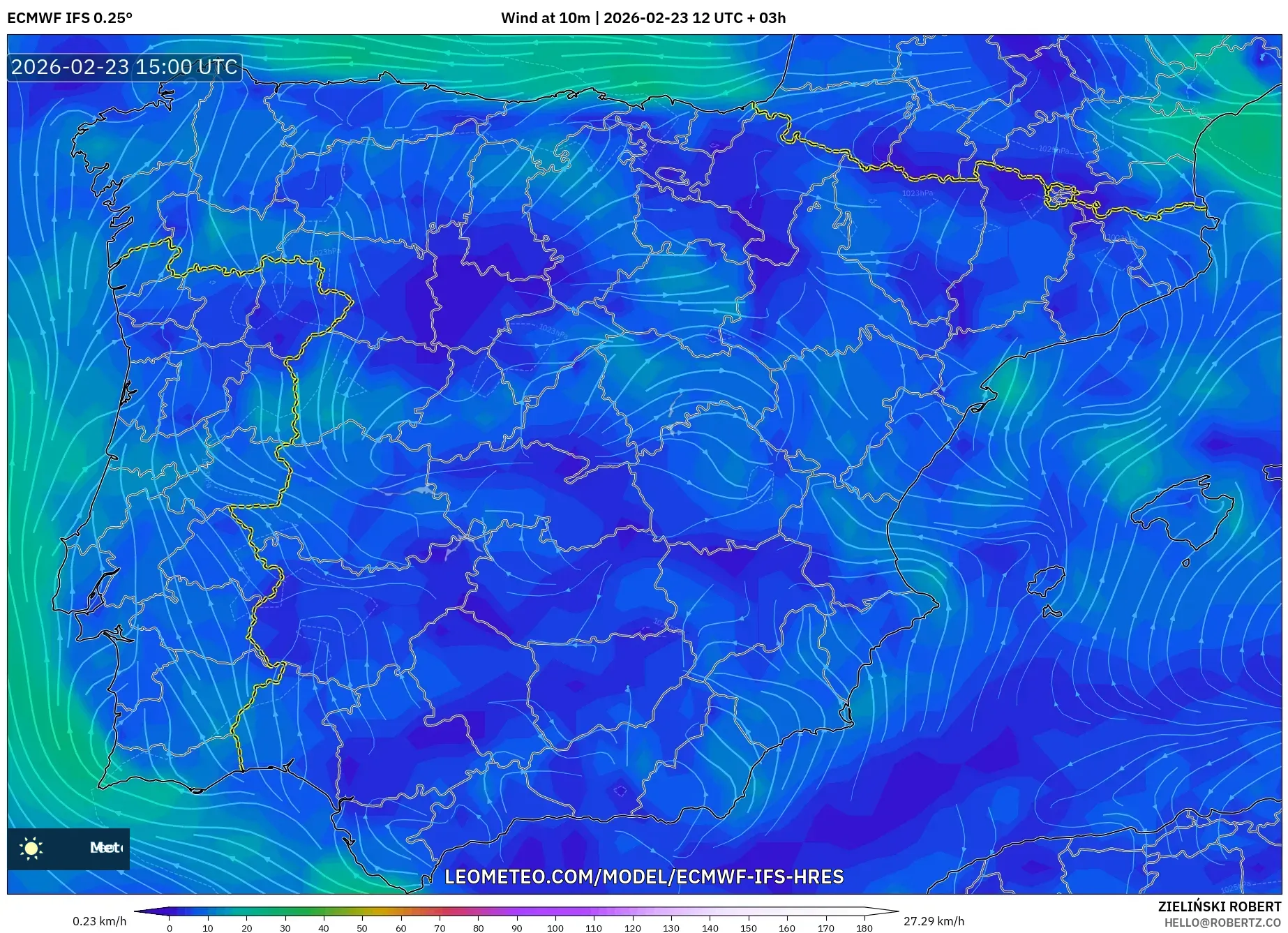 ECMWF IFS 0.25° model - Spain, Wind at 10m