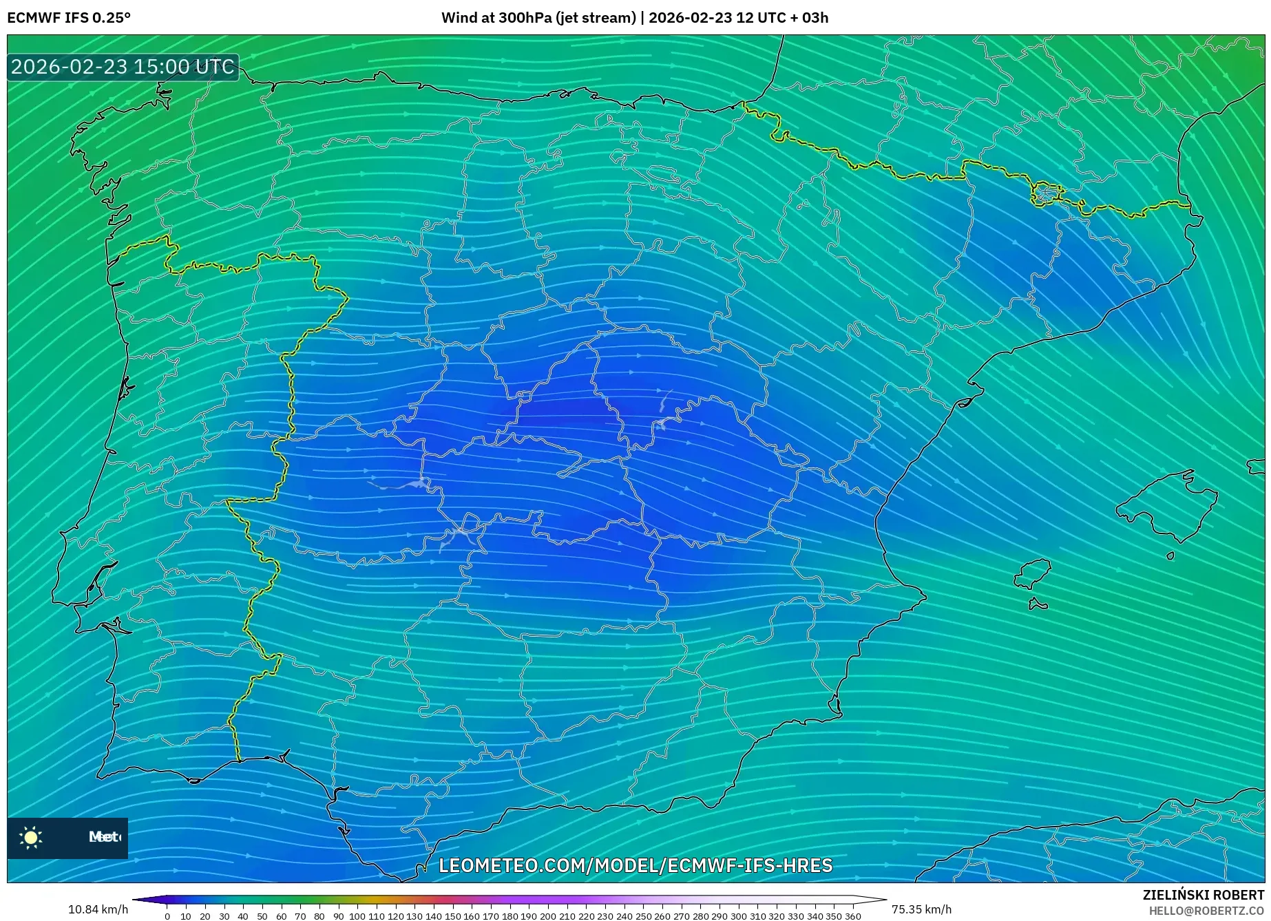 ECMWF IFS 0.25° model - Spain, Wind at 300hPa (jet stream)