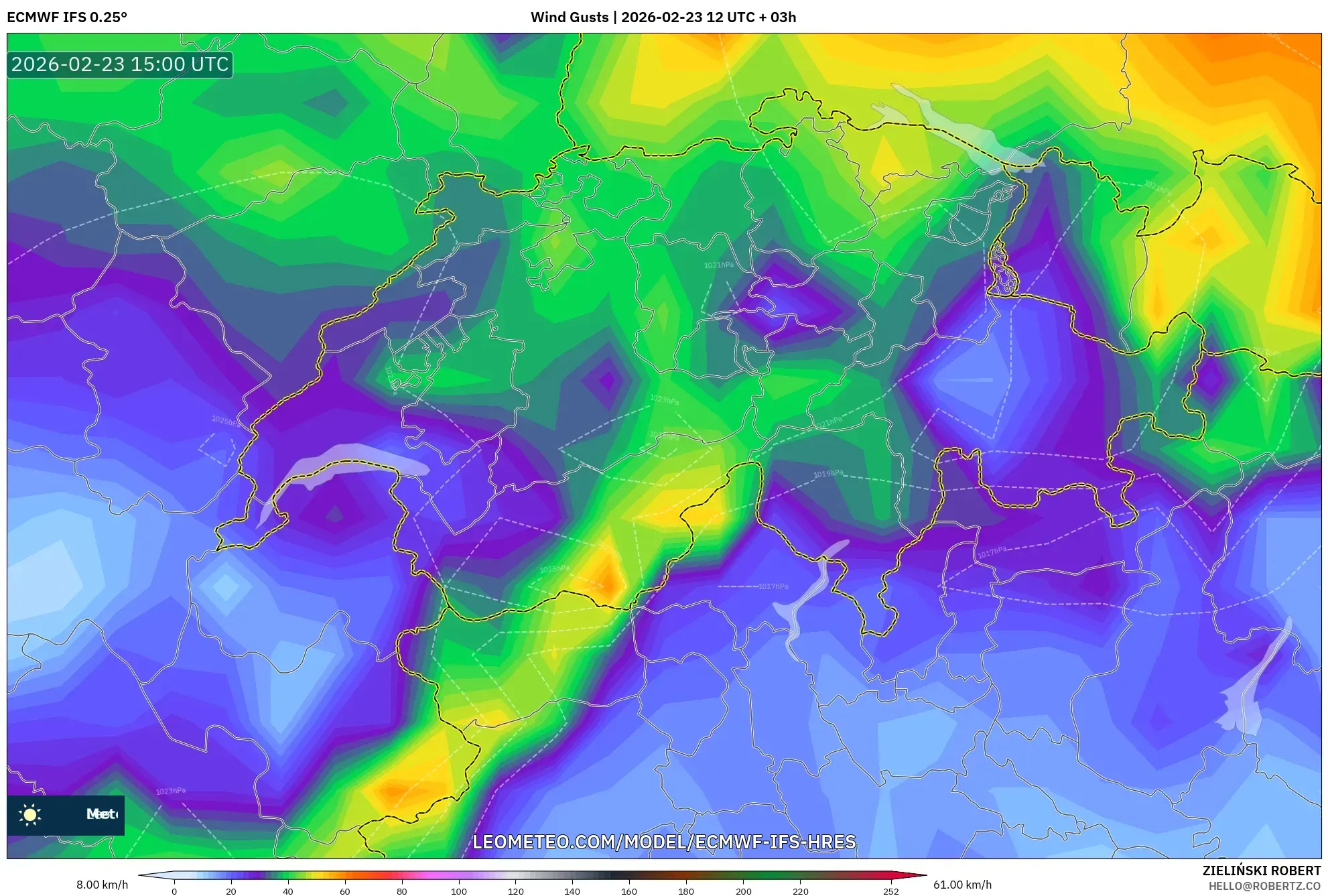 ECMWF IFS 0.25° model - Switzerland, Wind Gusts