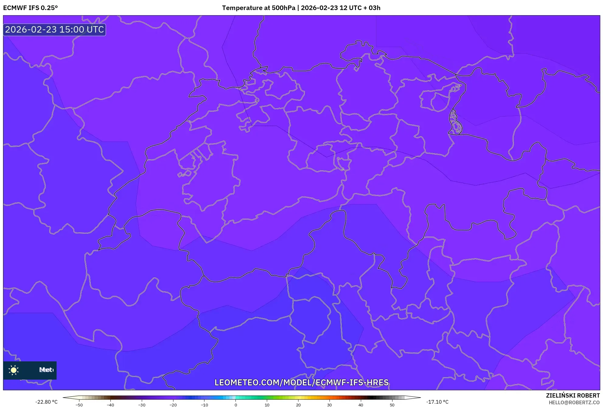 ECMWF IFS 0.25° model - Switzerland, Temperature at 500hPa
