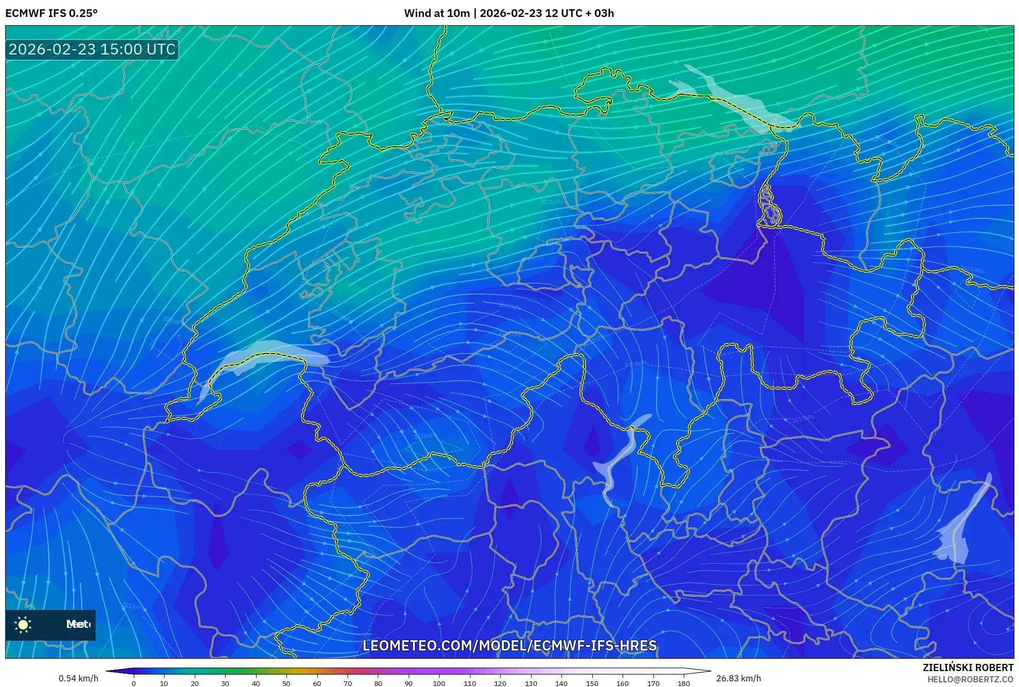 ECMWF IFS 0.25° model - Switzerland, Wind at 10m