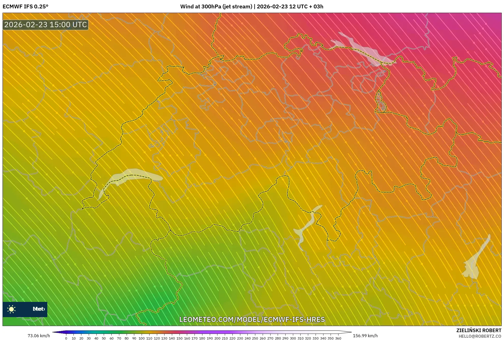 ECMWF IFS 0.25° model - Switzerland, Wind at 300hPa (jet stream)