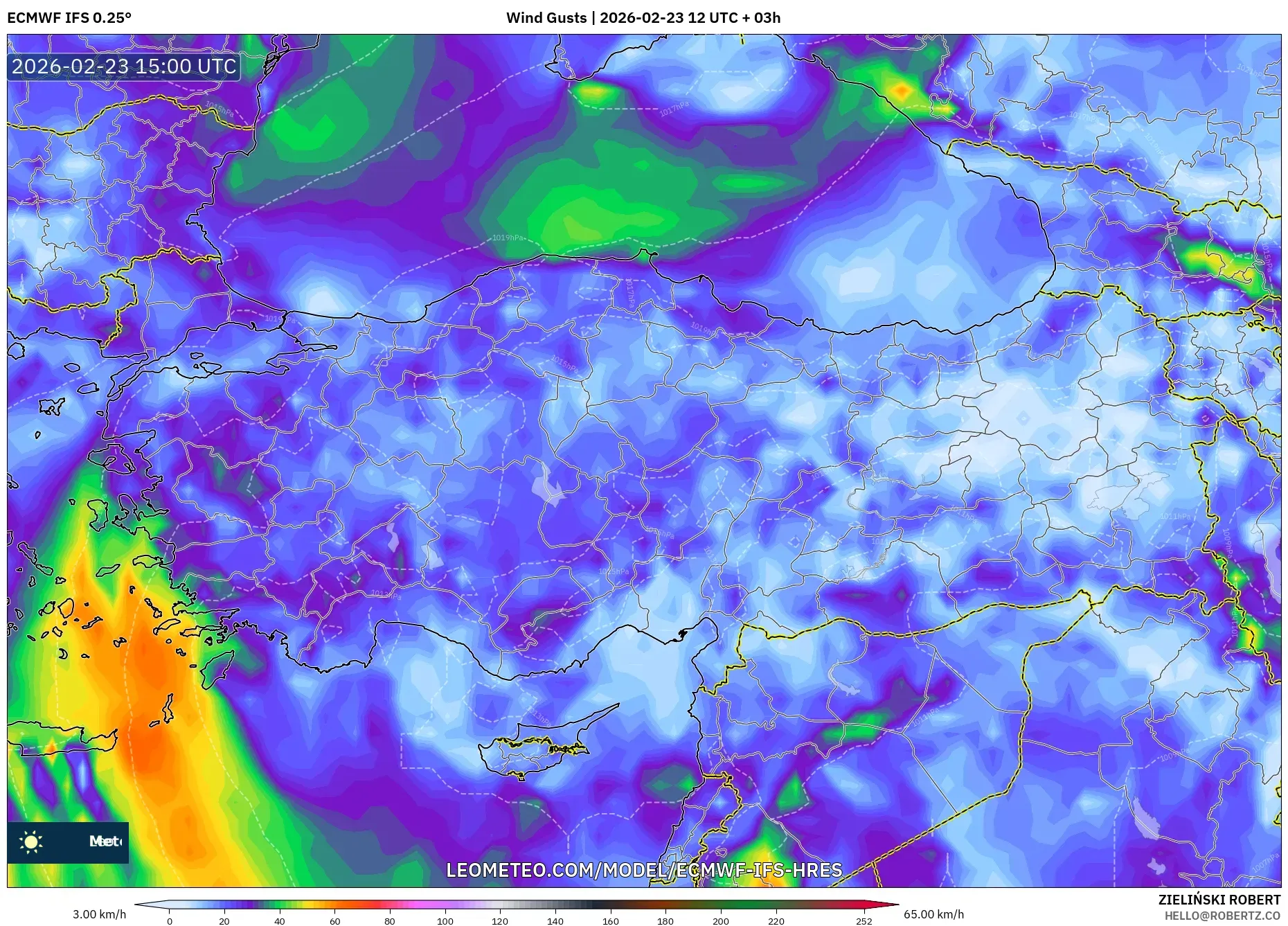 ECMWF IFS 0.25° model - Turkey, Wind Gusts