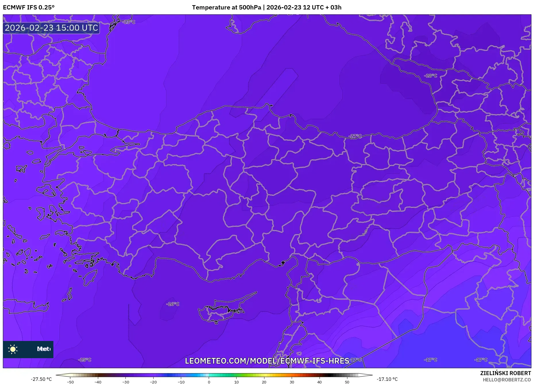 ECMWF IFS 0.25° model - Turkey, Temperature at 500hPa