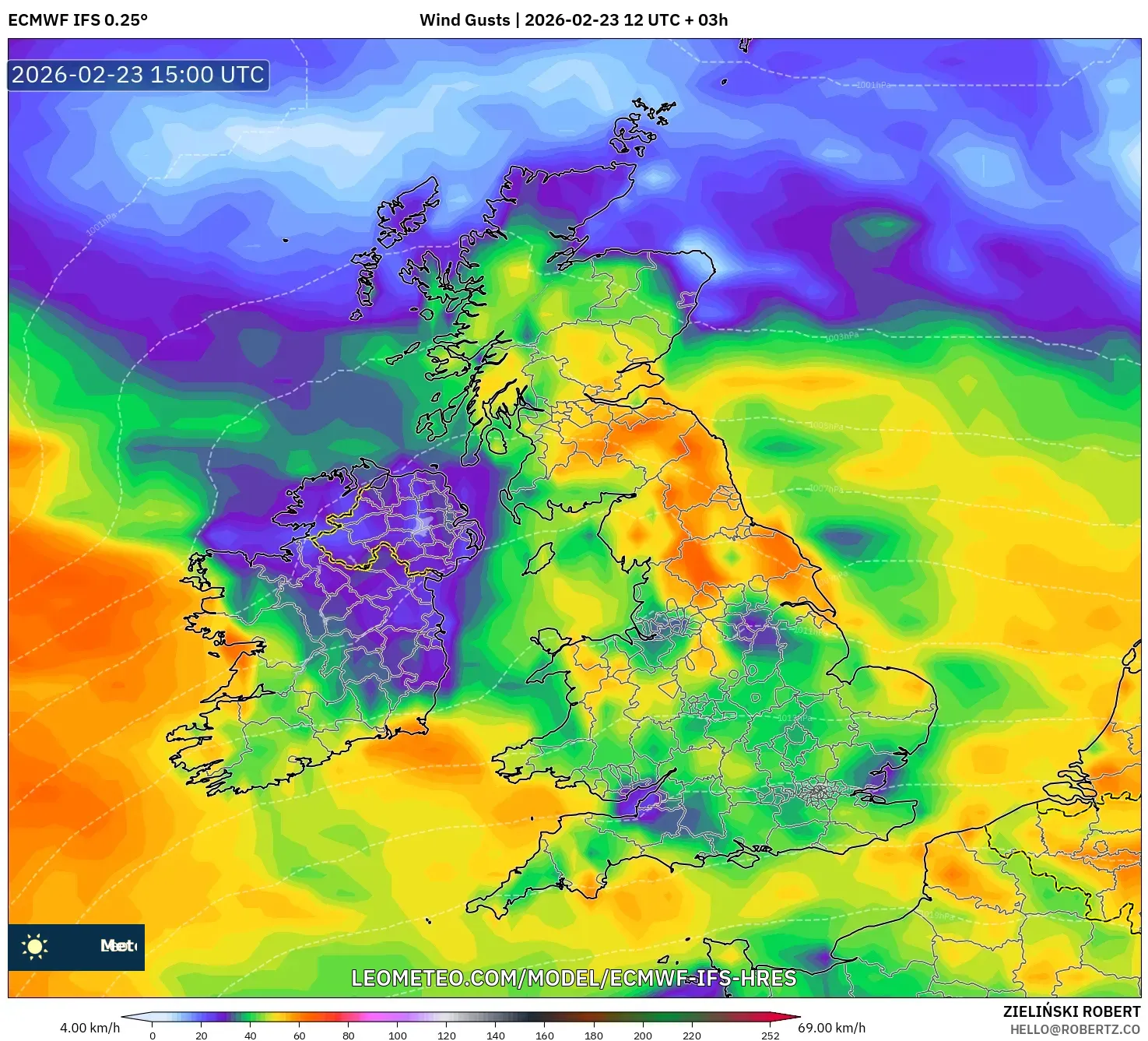 ECMWF IFS 0.25° model - United Kingdom, Wind Gusts