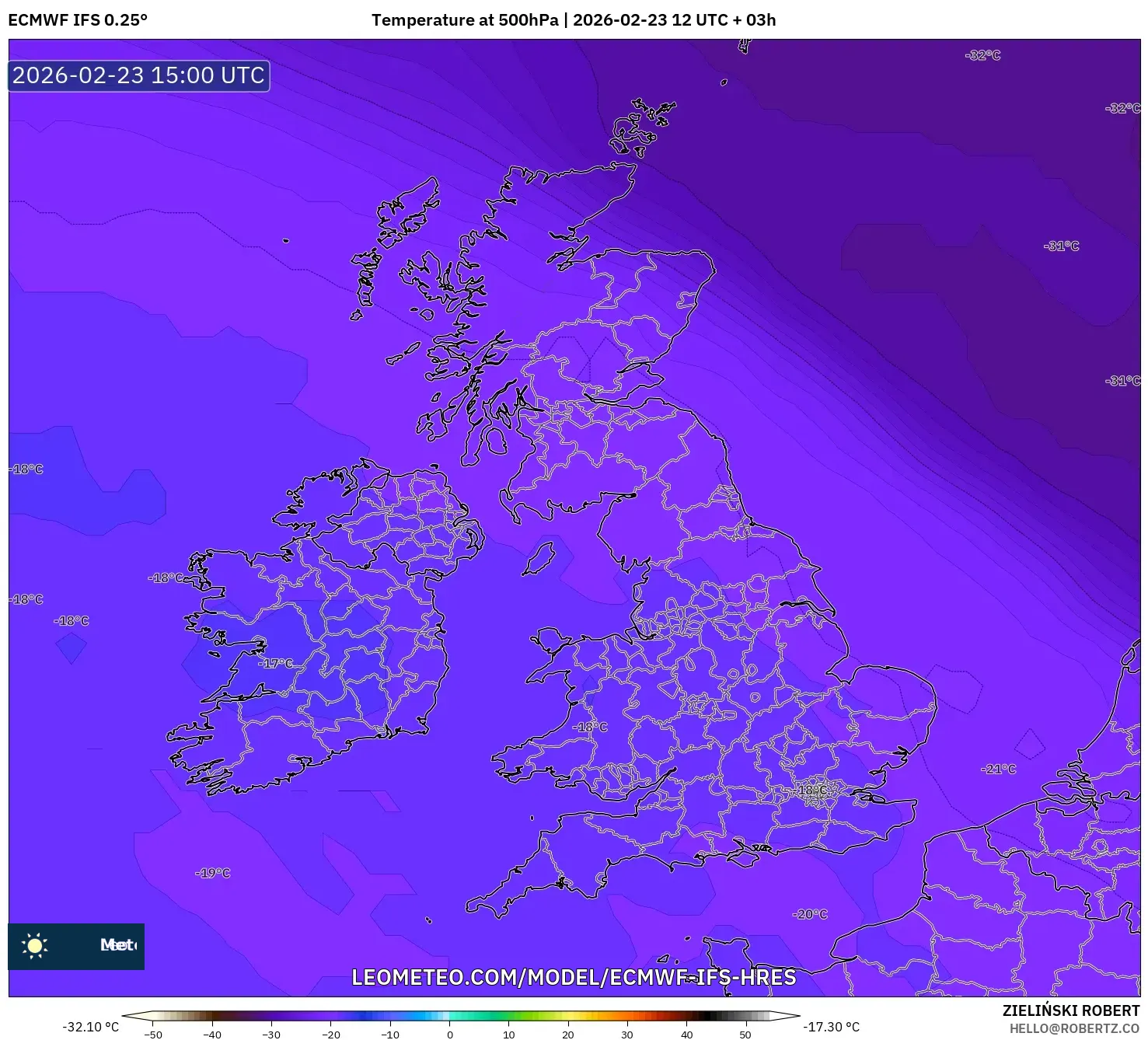 ECMWF IFS 0.25° model - United Kingdom, Temperature at 500hPa
