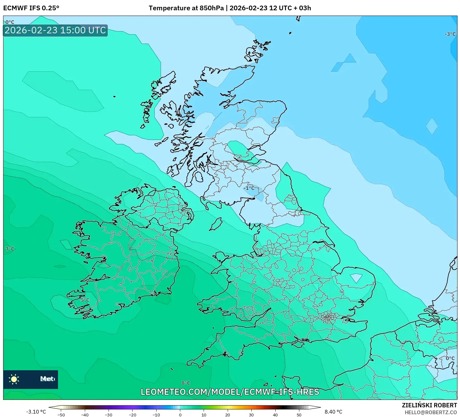 ECMWF IFS 0.25° model - United Kingdom, Temperature at 850hPa
