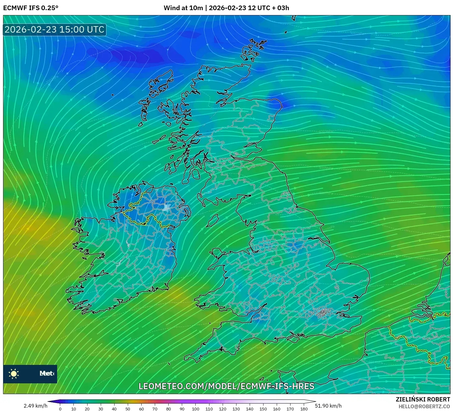 ECMWF IFS 0.25° model - United Kingdom, Wind at 10m