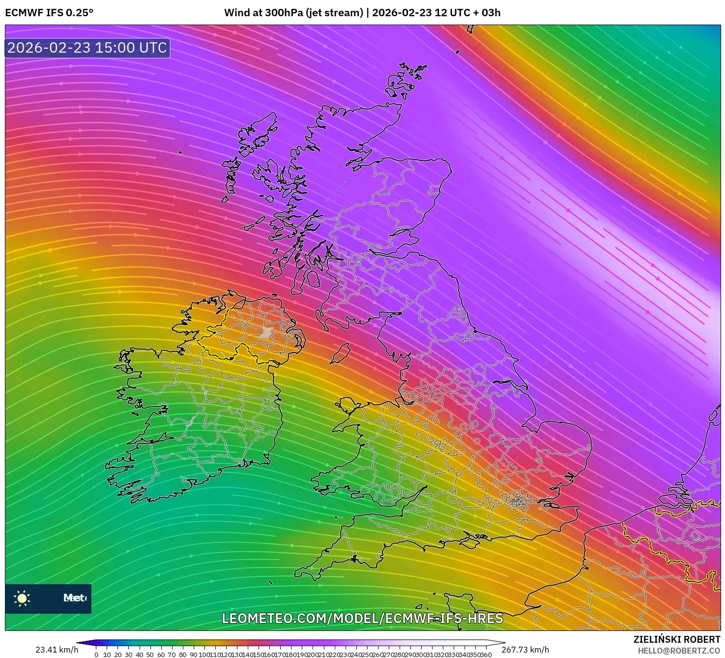 ECMWF IFS 0.25° model - United Kingdom, Wind at 300hPa (jet stream)