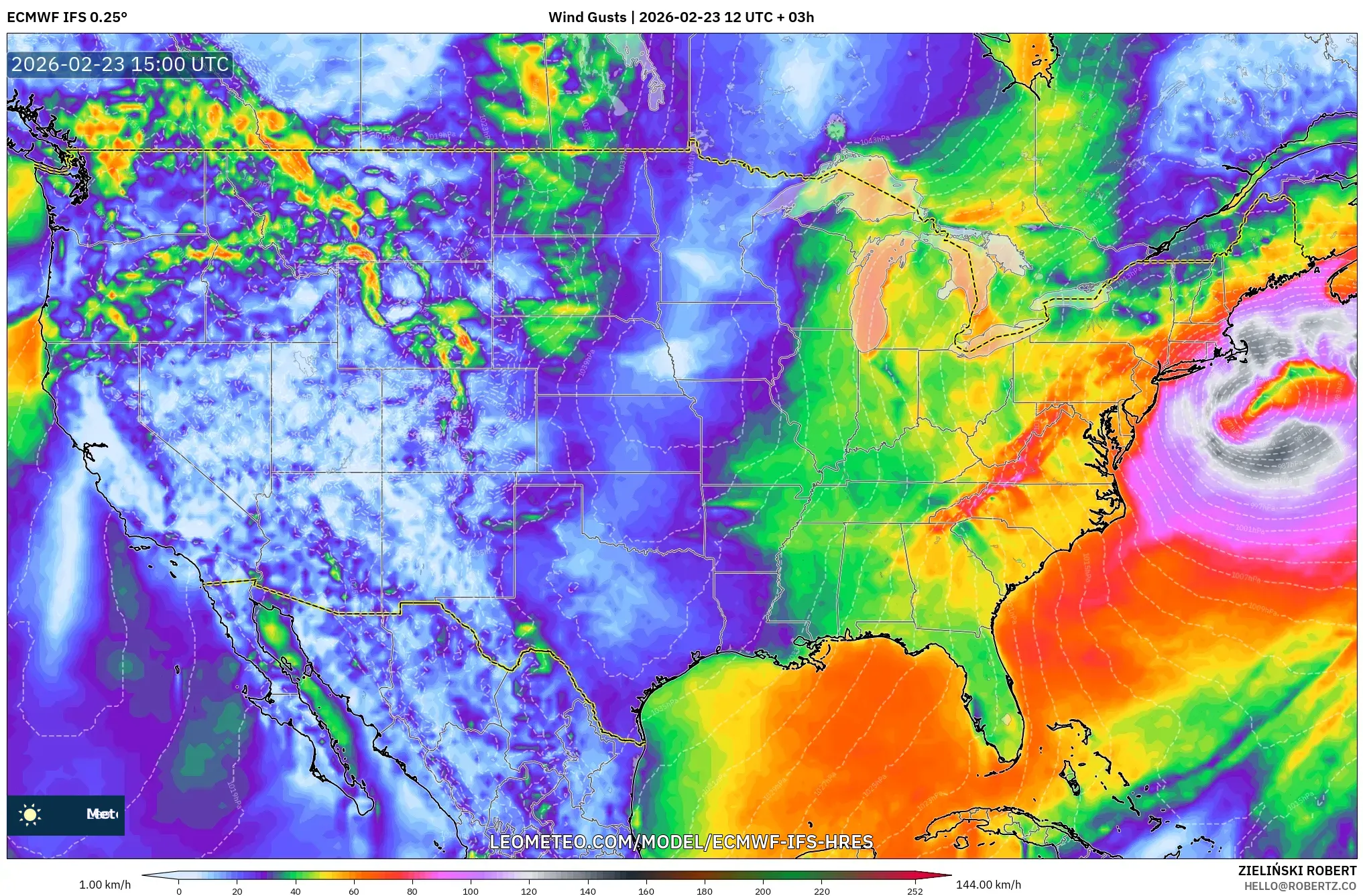 ECMWF IFS 0.25° model - United States, Wind Gusts