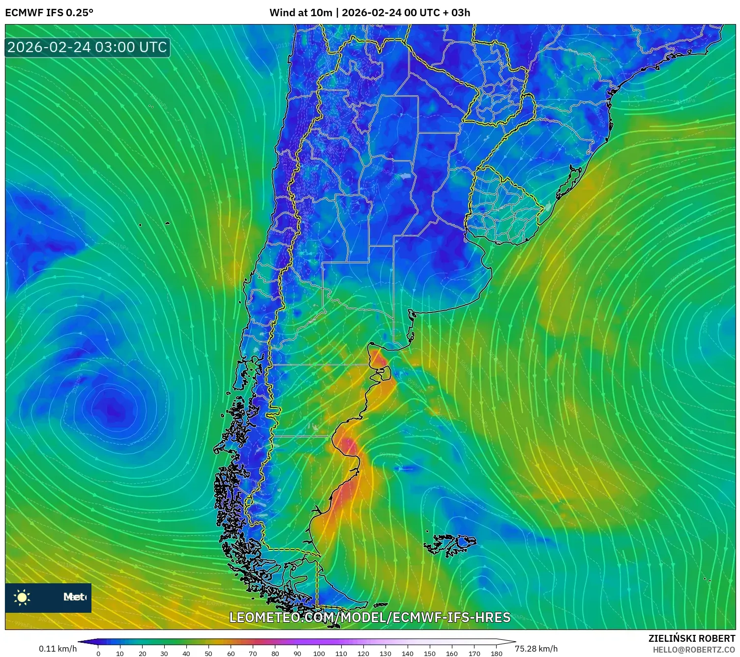 ECMWF IFS 0.25° model - Argentina, Wind at 10m